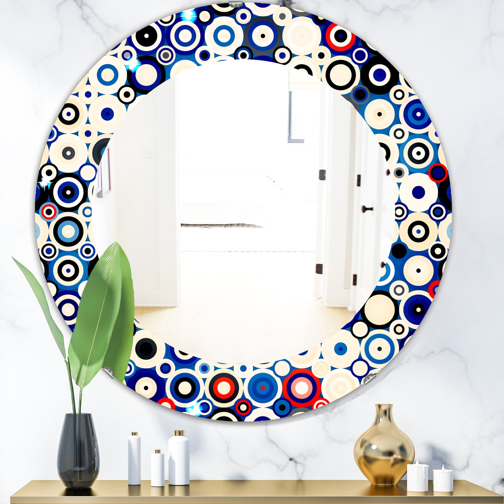 Designart 'Retro Stars and Dots In Disco Style' Bohemian and Eclectic Mirror - Oval or Round Wall Mirror