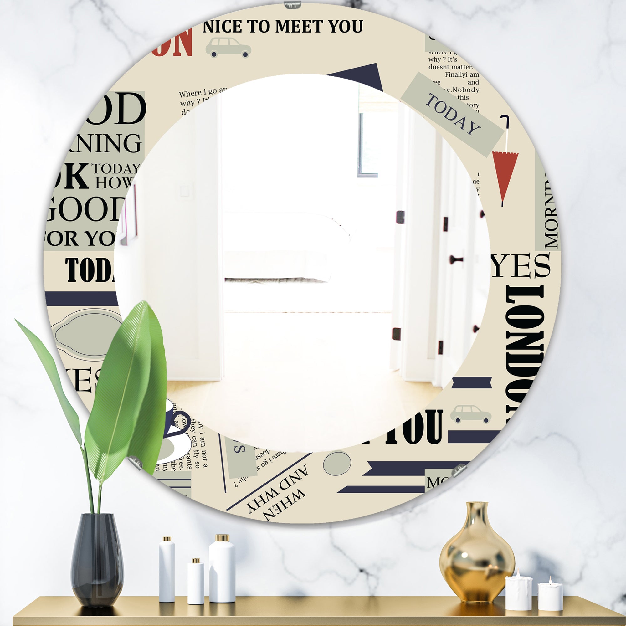 Designart 'Retro London Good Morning' Mid-Century Mirror - Oval or Round Wall Mirror