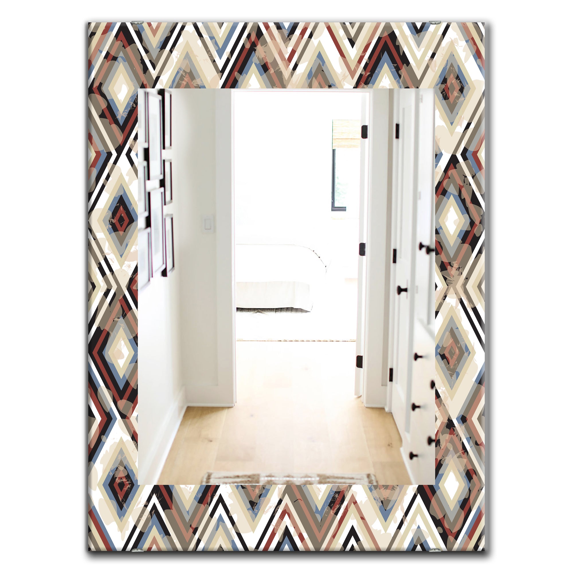 Designart 'Vintage Diamond Pattern In Blue and Brown' Bohemian and Eclectic Mirror - Oval or Round Wall Mirror