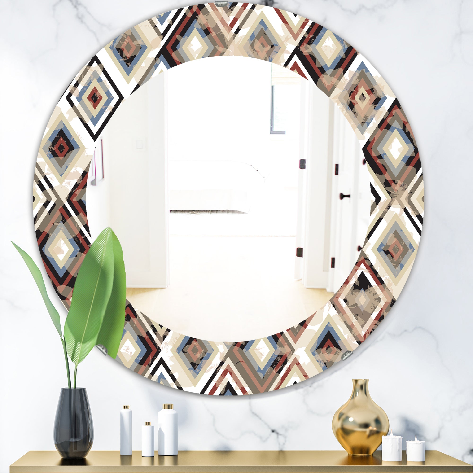 Designart 'Vintage Diamond Pattern In Blue and Brown' Bohemian and Eclectic Mirror - Oval or Round Wall Mirror