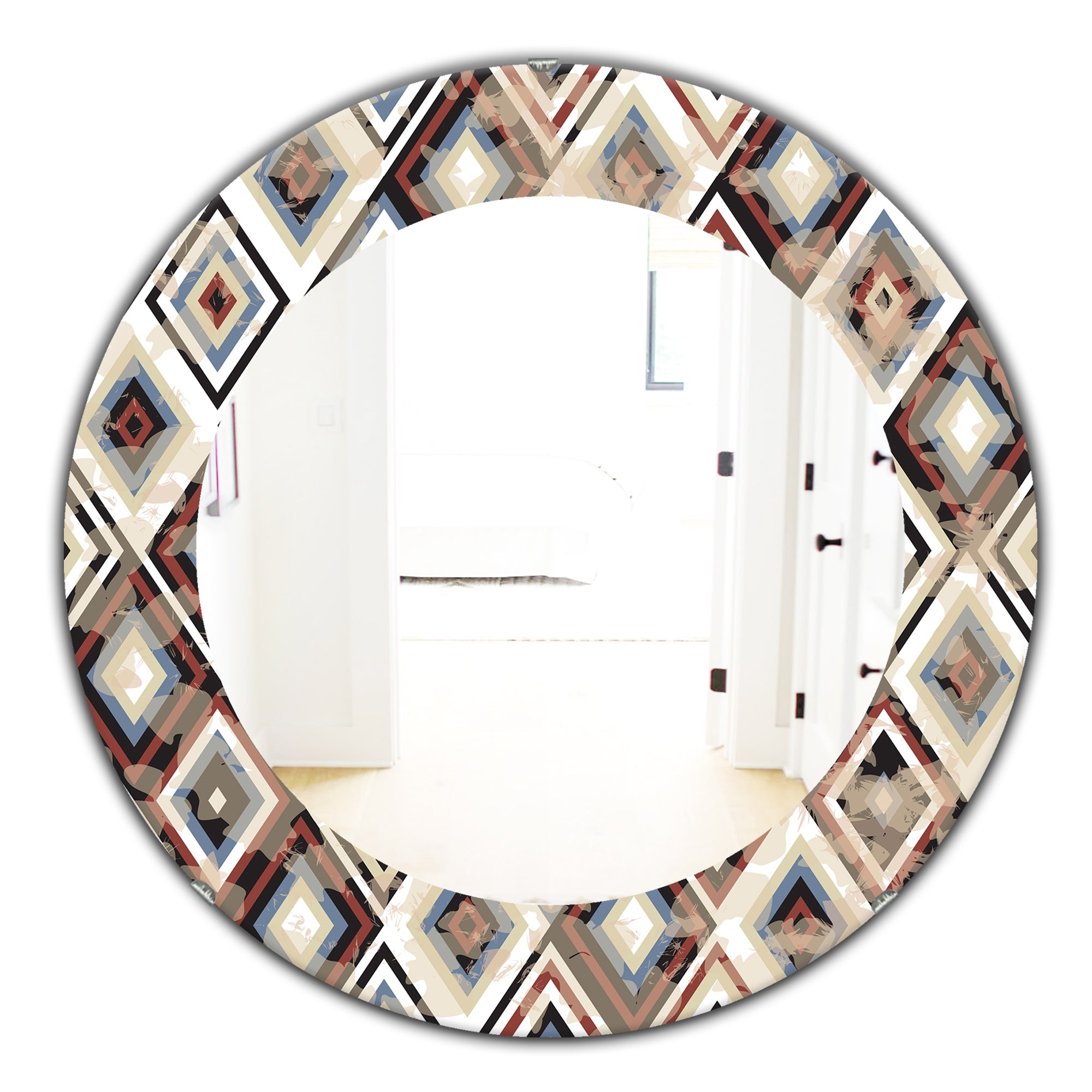 Designart 'Vintage Diamond Pattern In Blue and Brown' Bohemian and Eclectic Mirror - Oval or Round Wall Mirror