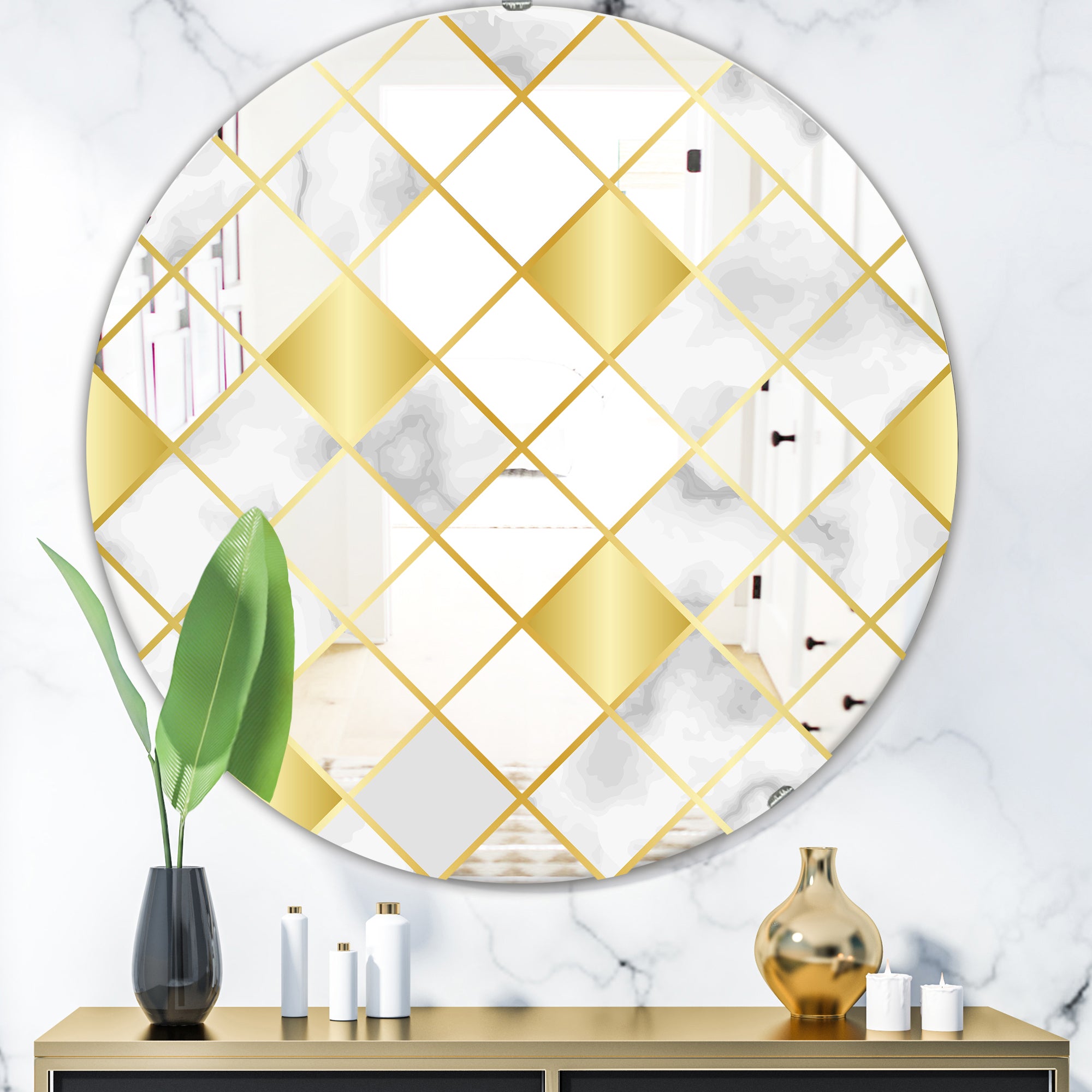 Designart 'Capital Gold Diamond 2' Mid-Century Mirror - Oval or Round Wall Mirror