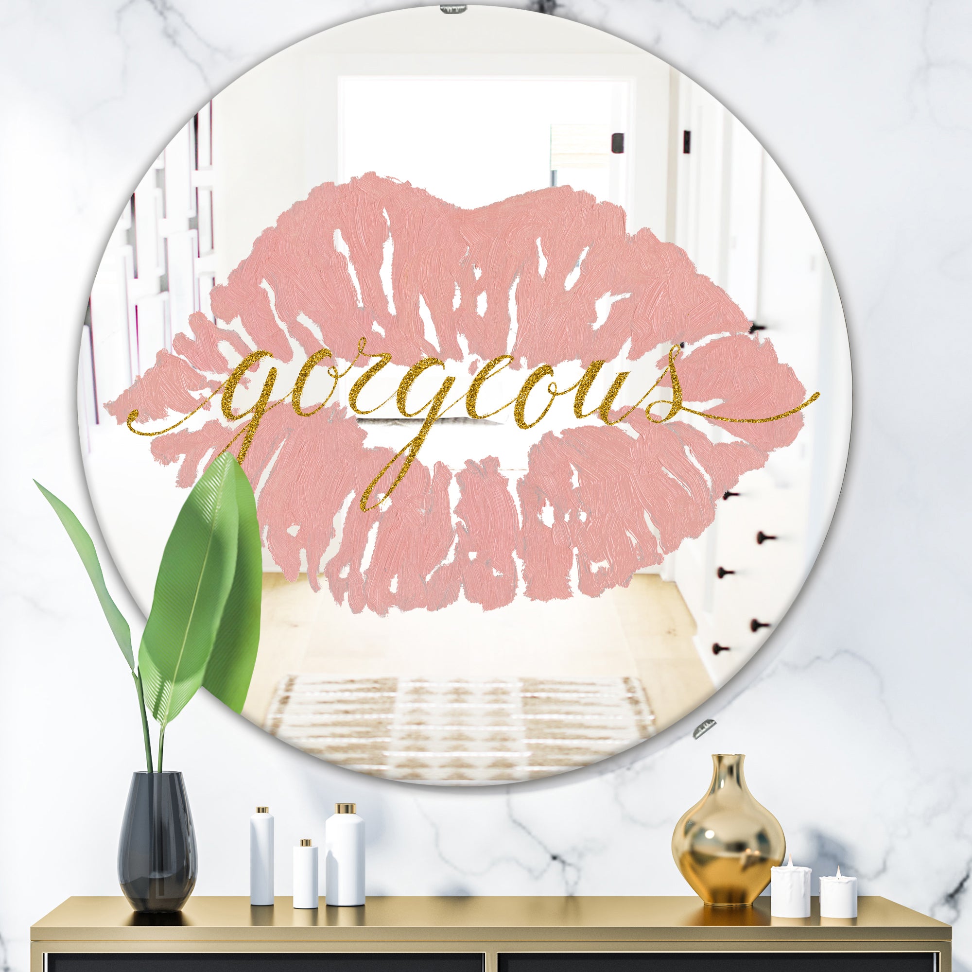 Designart 'Fashion Glam Lips On Gold II' Modern Mirror - Oval and Circle Wall Mirror