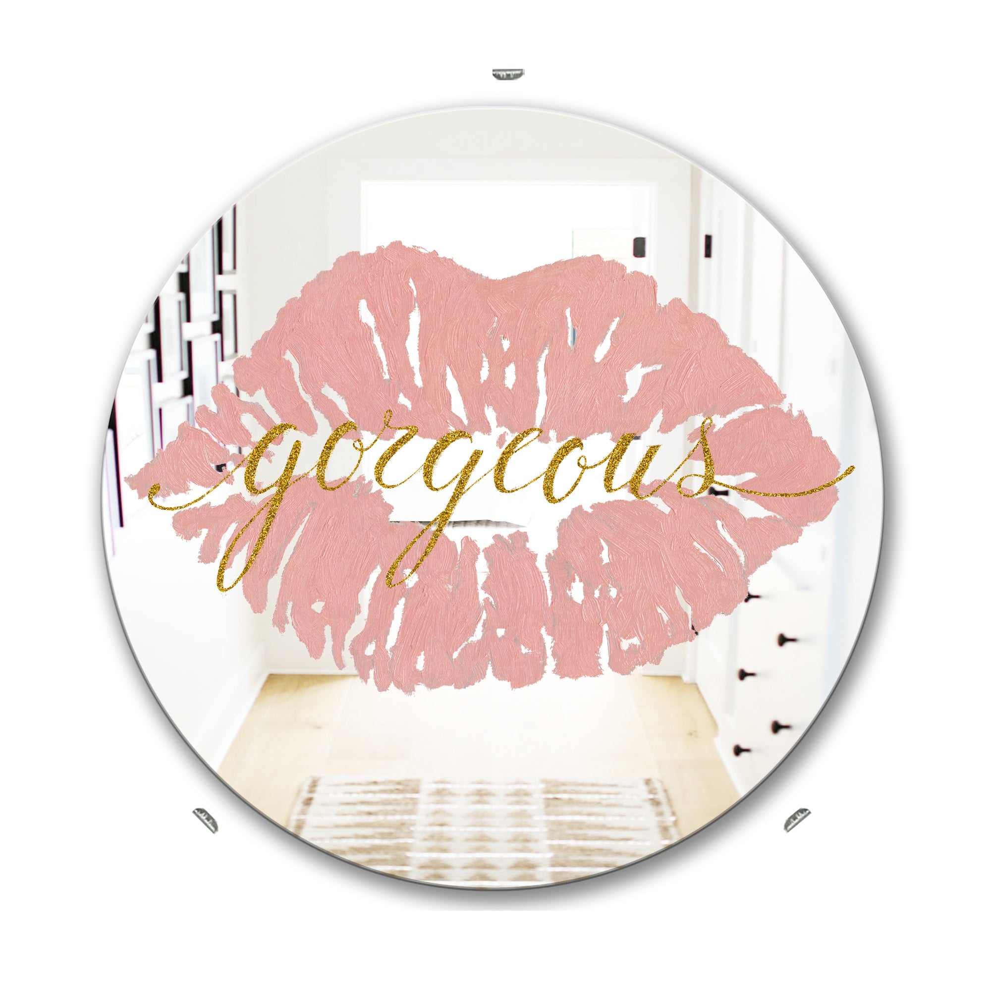 Designart 'Fashion Glam Lips On Gold II' Modern Mirror - Oval and Circle Wall Mirror