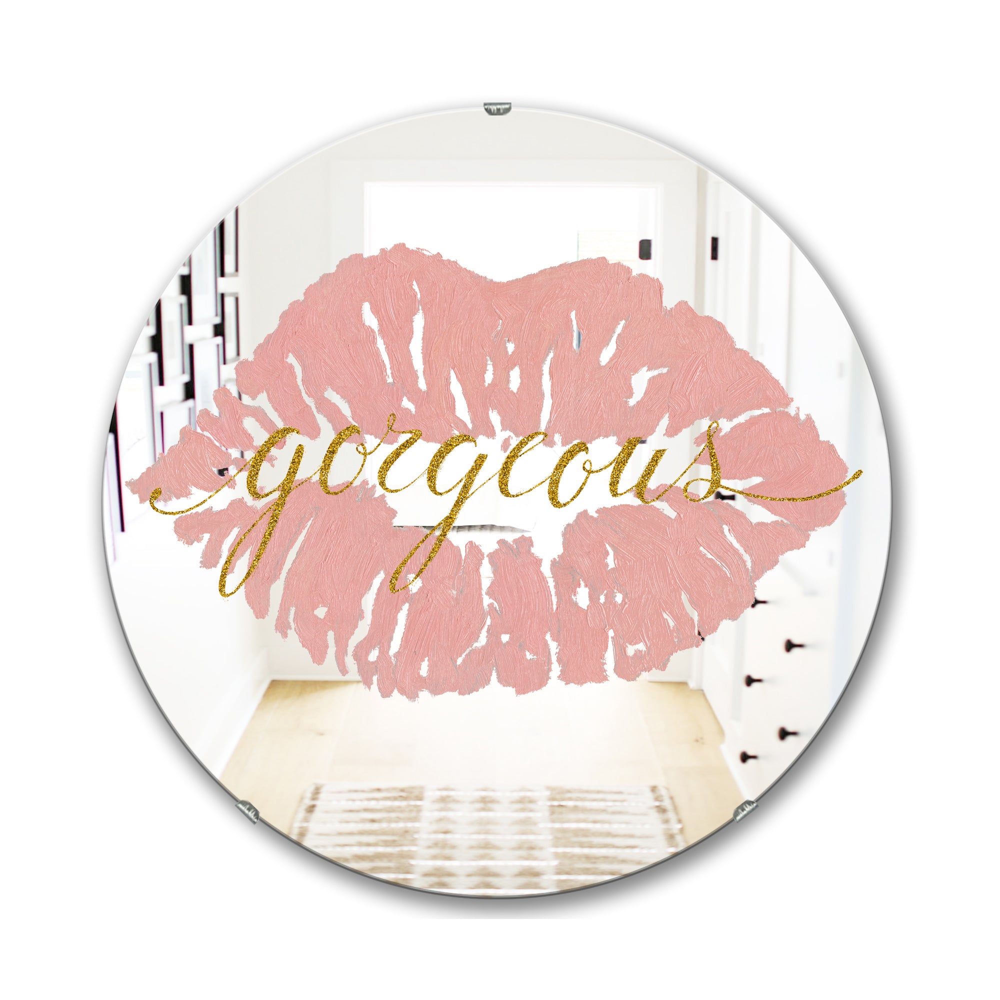 Designart 'Fashion Glam Lips On Gold II' Modern Mirror - Oval and Circle Wall Mirror