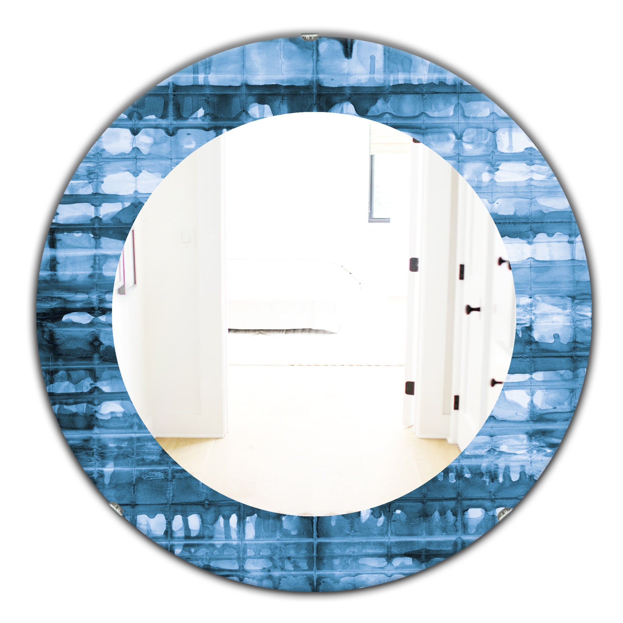 Designart 'Indigo Watercolor Geometrical V' Mid-Century Mirror - Oval or Round Wall Mirror