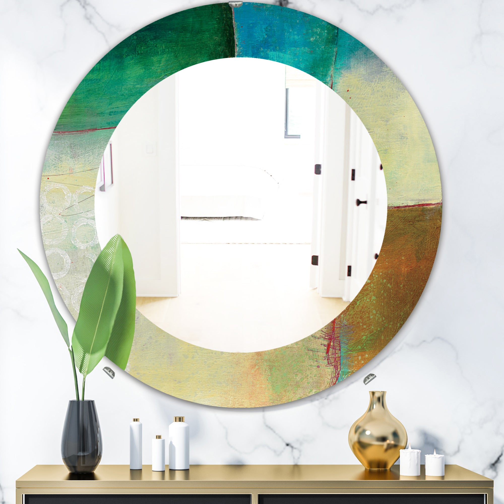 Designart 'Abstract Impression Of Watercolour Blue and Yellow' Farmhouse Mirror - Oval or Round Wall Mirror