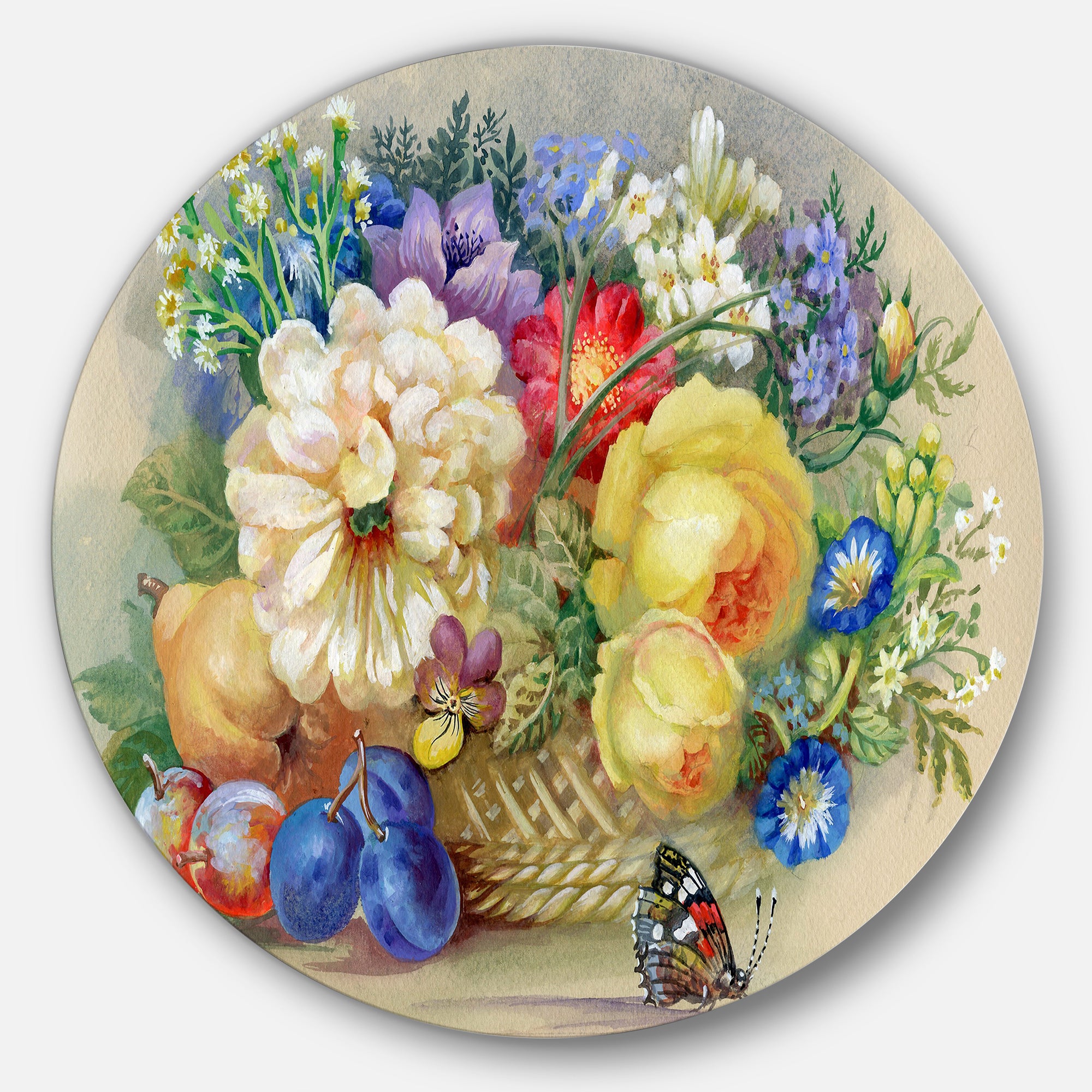 Bunch of Flowers and Fruits' Ultra Glossy Floral Metal Circle Wall Art