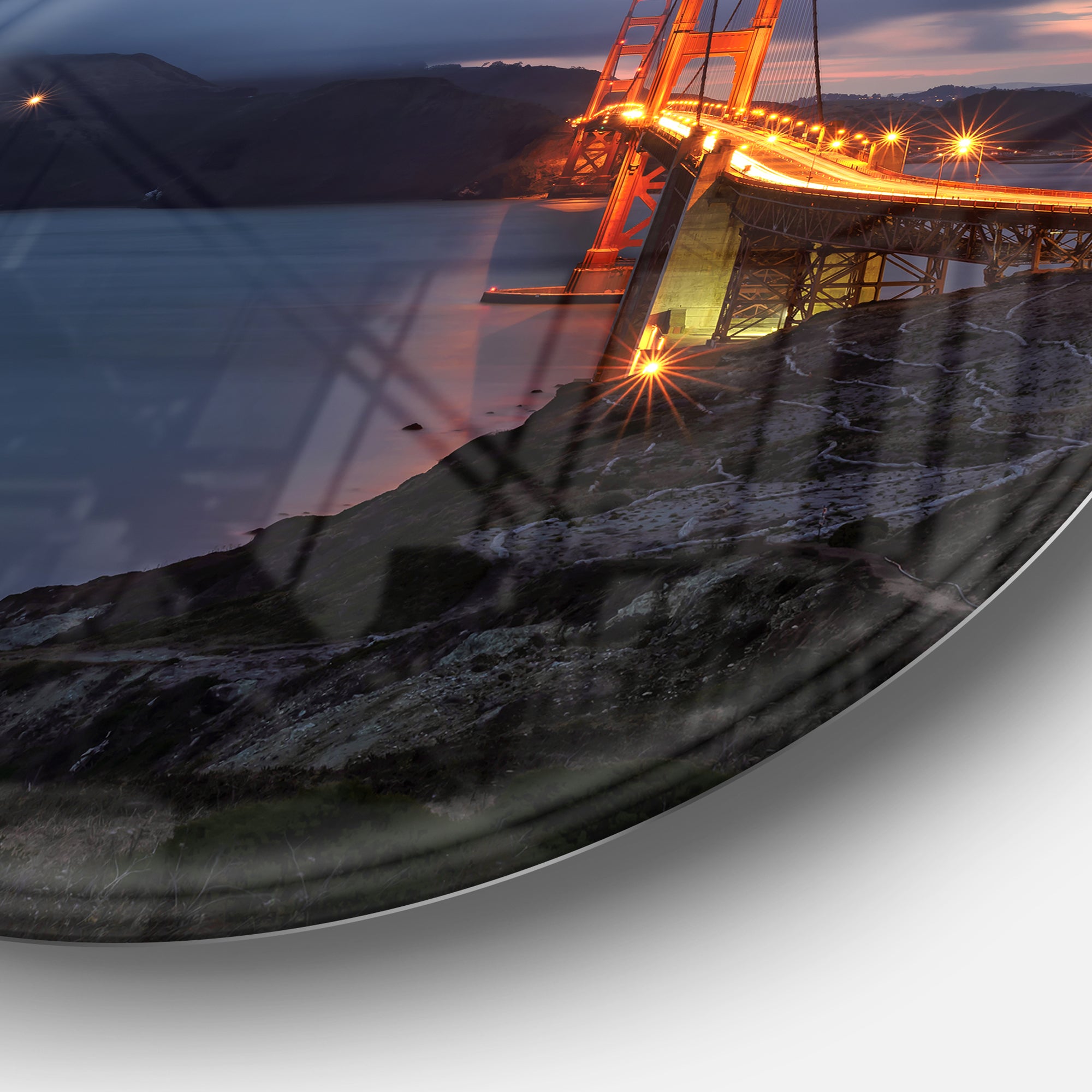 Golden Gate with Night Illumination' Ultra Glossy Sea Bridge Metal Circle Wall Art