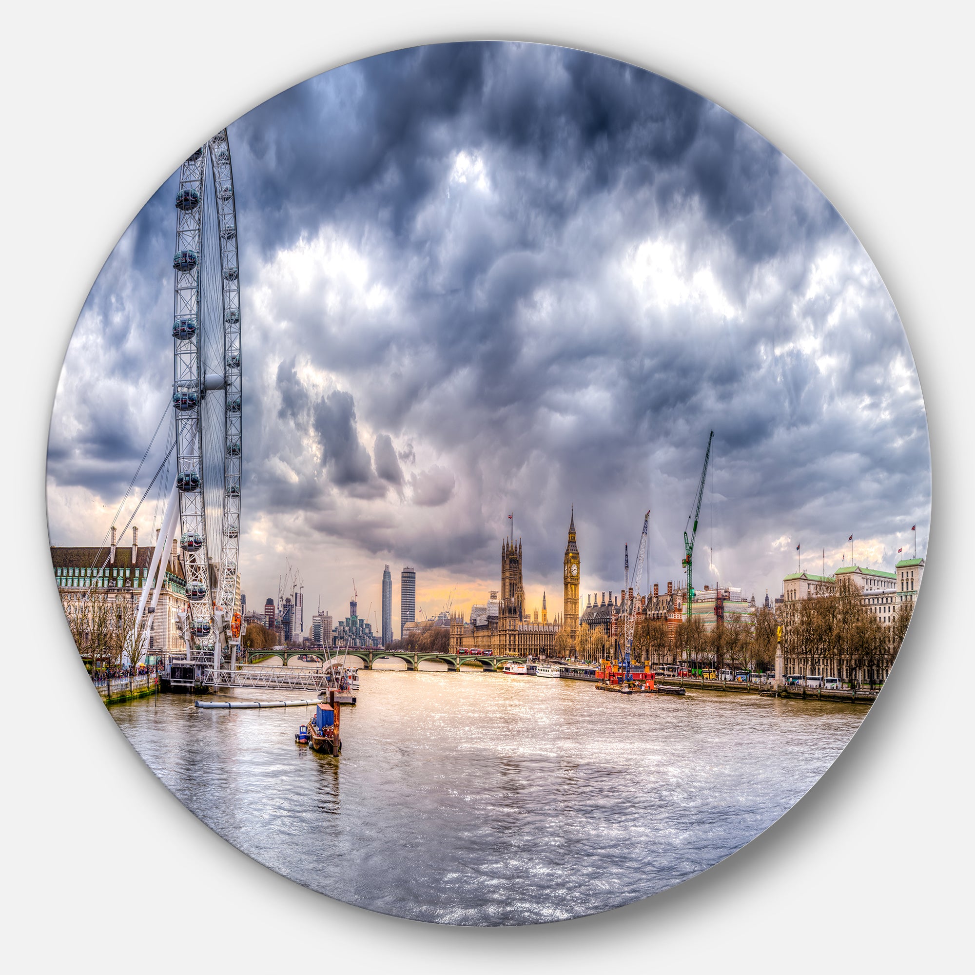 London Skyline and River Thames' Ultra Glossy Cityscape Circle Wall Art