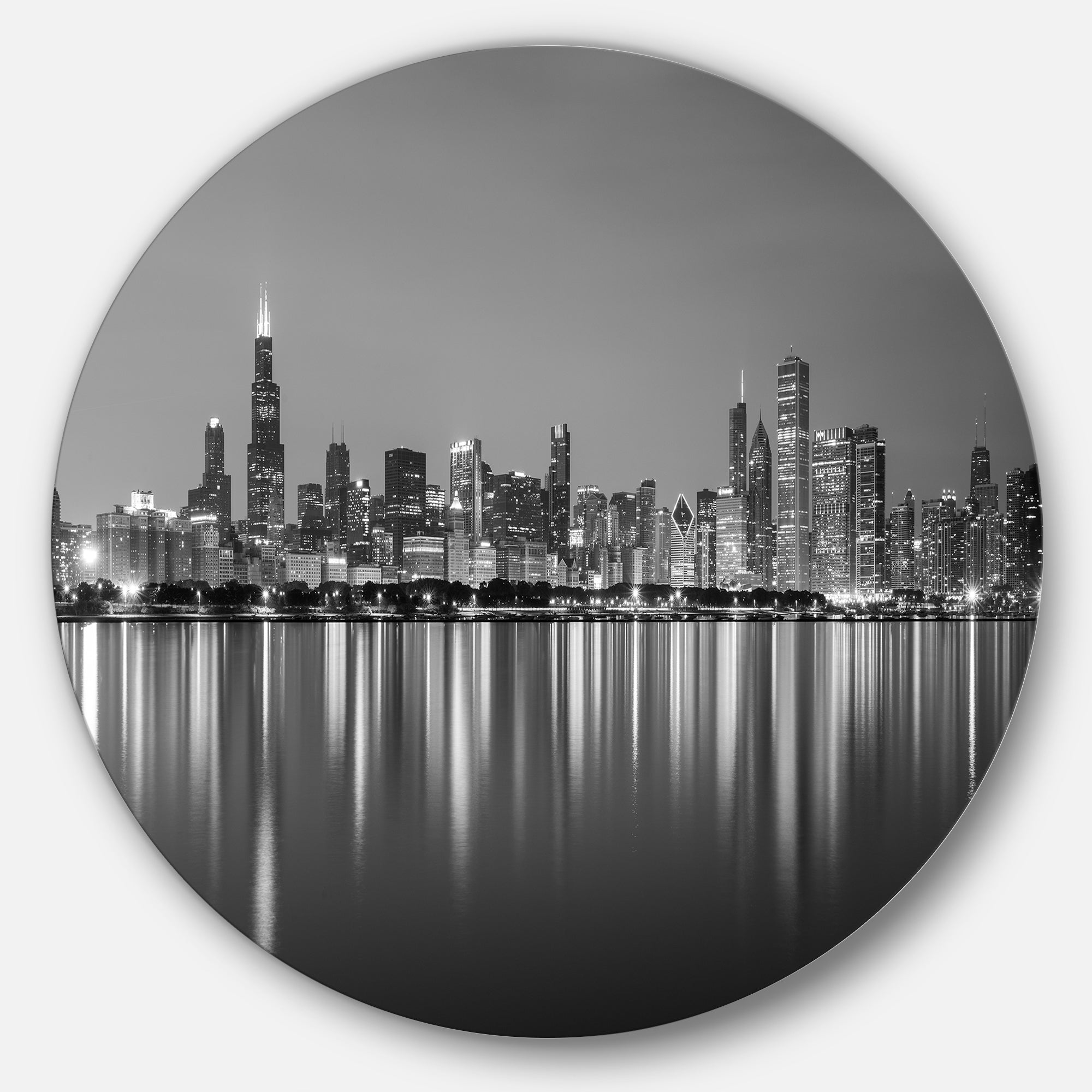 Chicago Skyline at Night Black and White' Ultra Glossy Cityscape Circle Wall Art