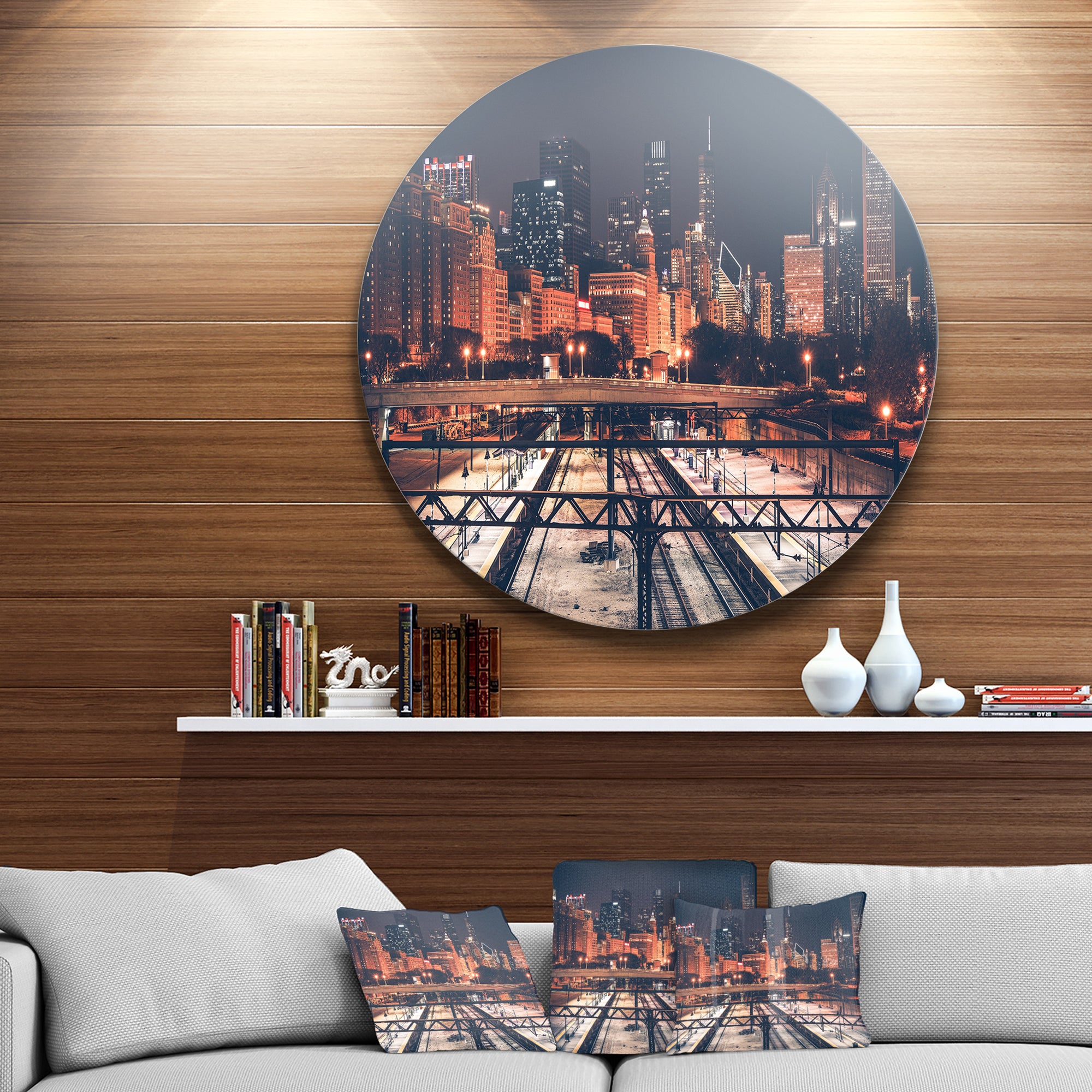 Dark Chicago Skyline and Railroad' Ultra Glossy Cityscape Circle Wall Art