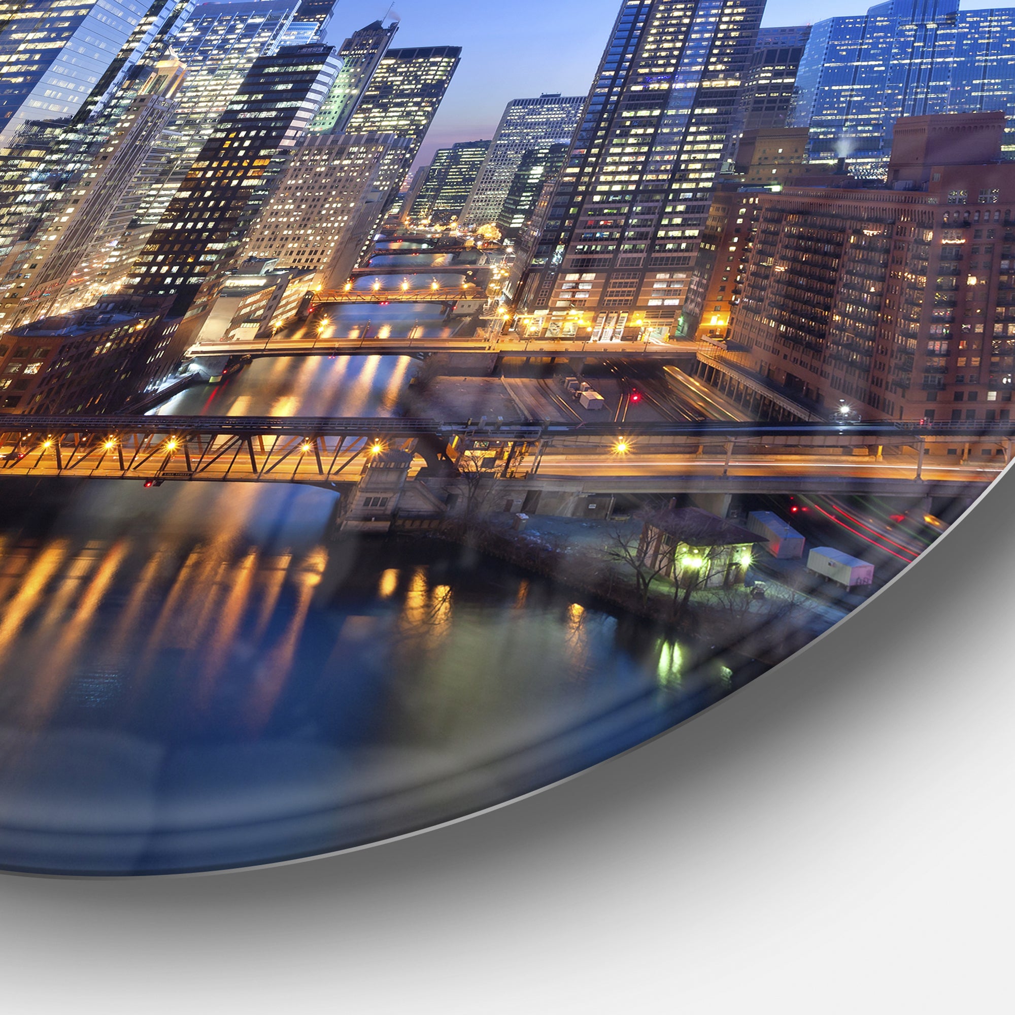 Chicago River with Bridges at Sunset' Ultra Glossy Cityscape Circle Wall Art