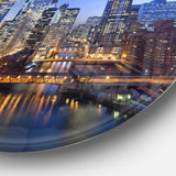 Chicago River with Bridges at Sunset' Ultra Glossy Cityscape Circle Wall Art