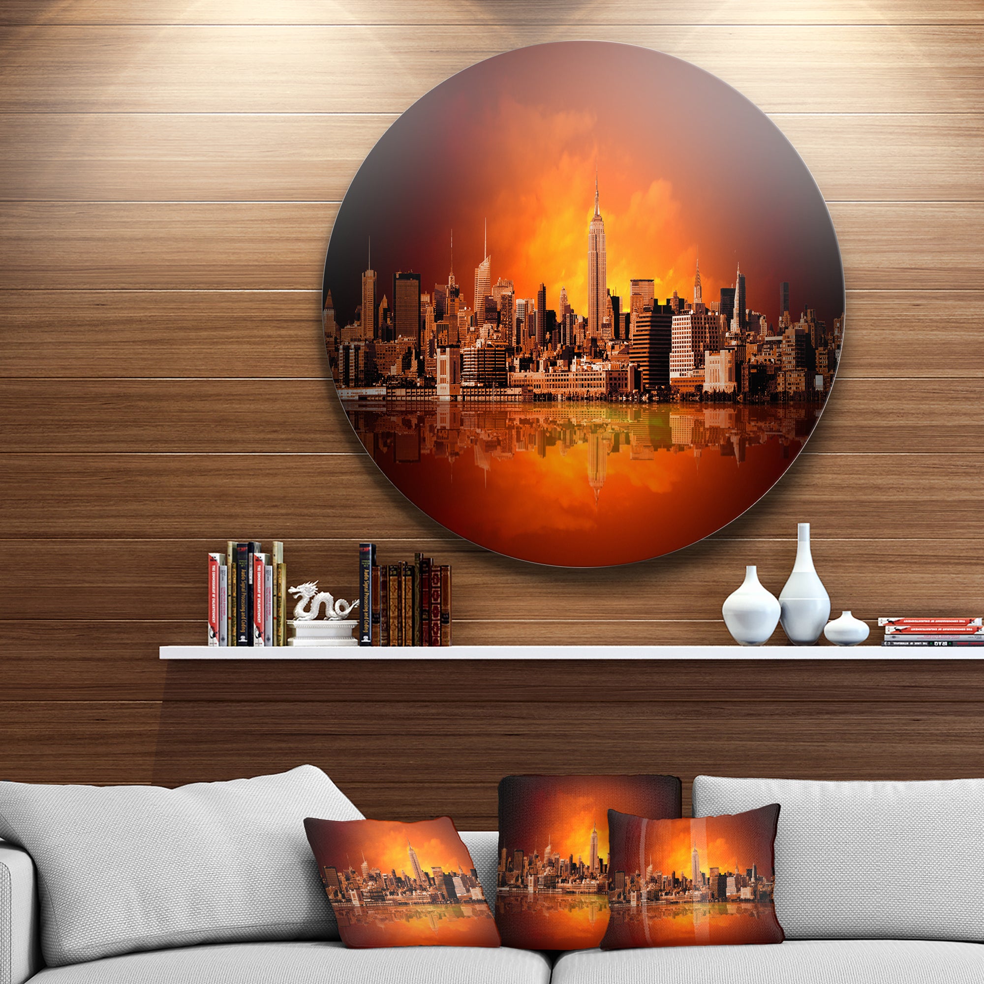 New York City Panorama in Red Light' Ultra Glossy Cityscape Circle Wall Art