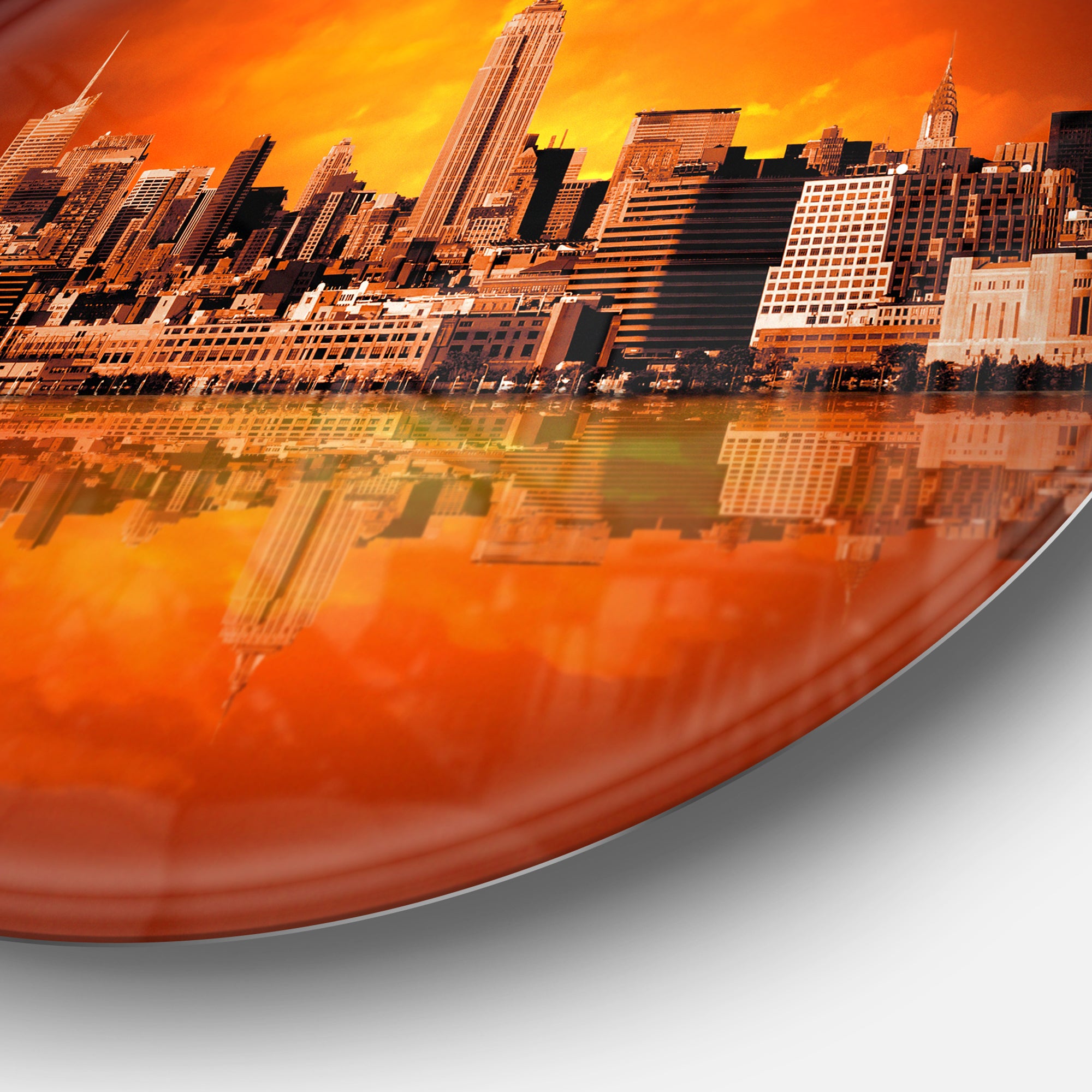 New York City Panorama in Red Light' Ultra Glossy Cityscape Circle Wall Art