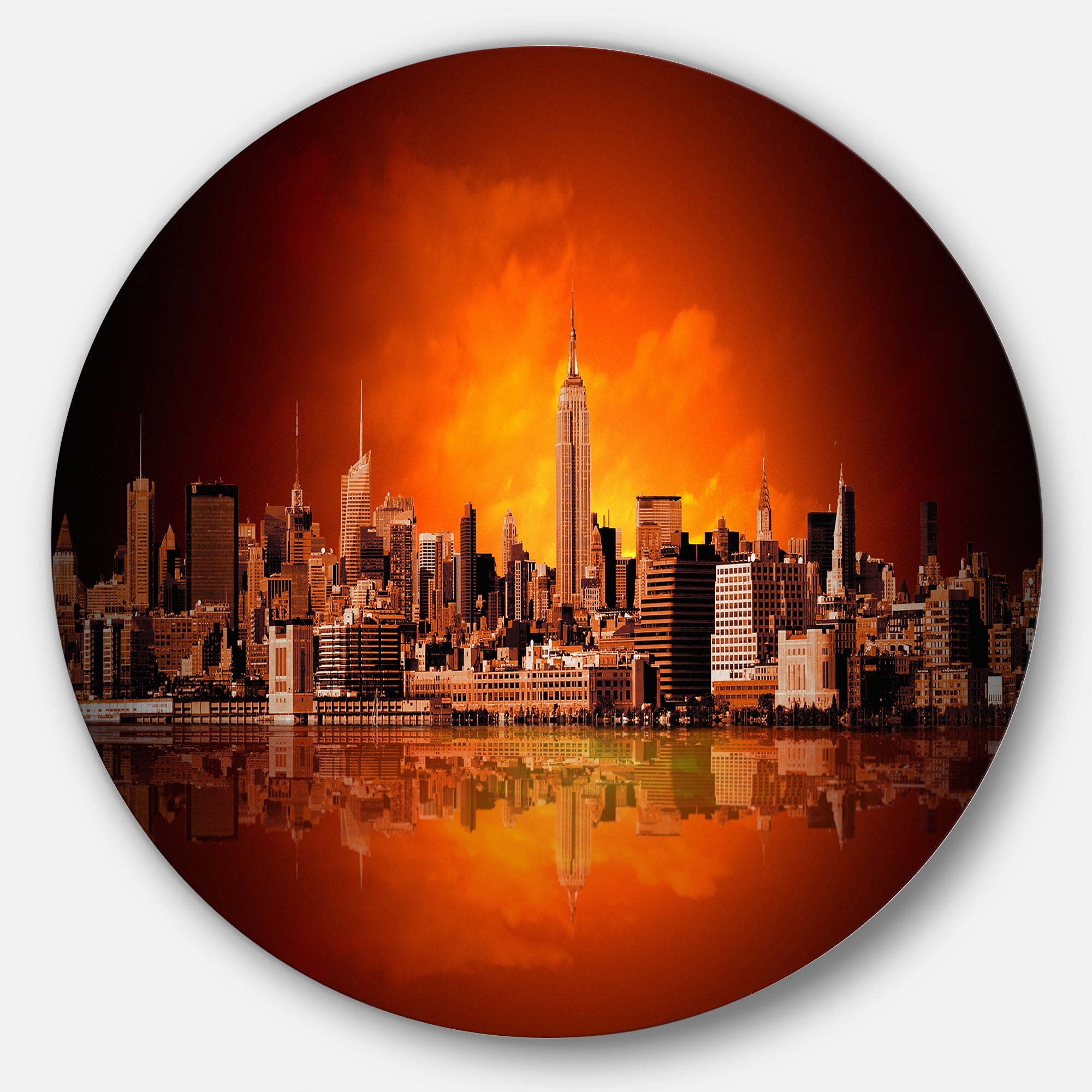 New York City Panorama in Red Light' Ultra Glossy Cityscape Circle Wall Art