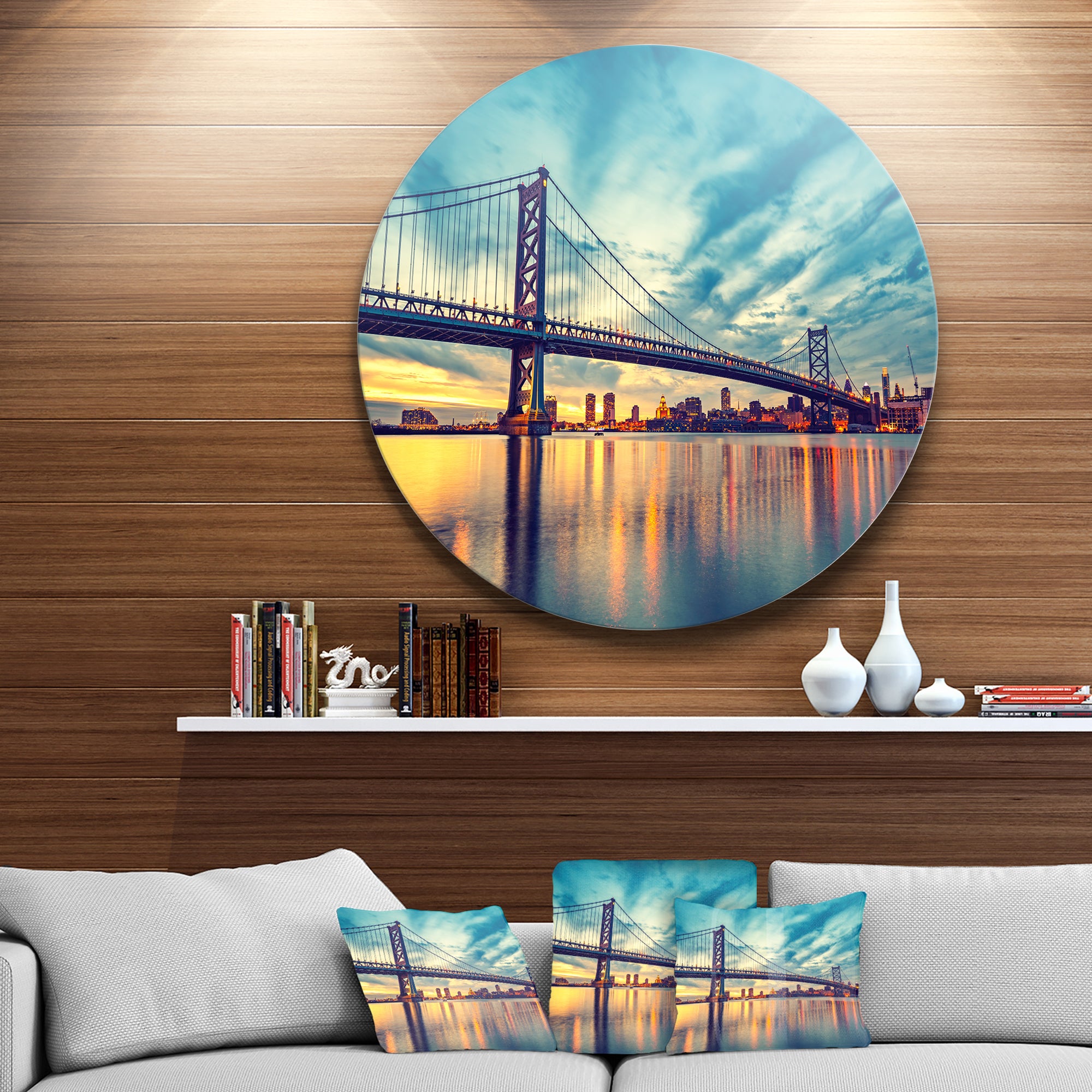 Ben Franklin Bridge in Philadelphia' Ultra Glossy Cityscape Metal Circle Wall Art