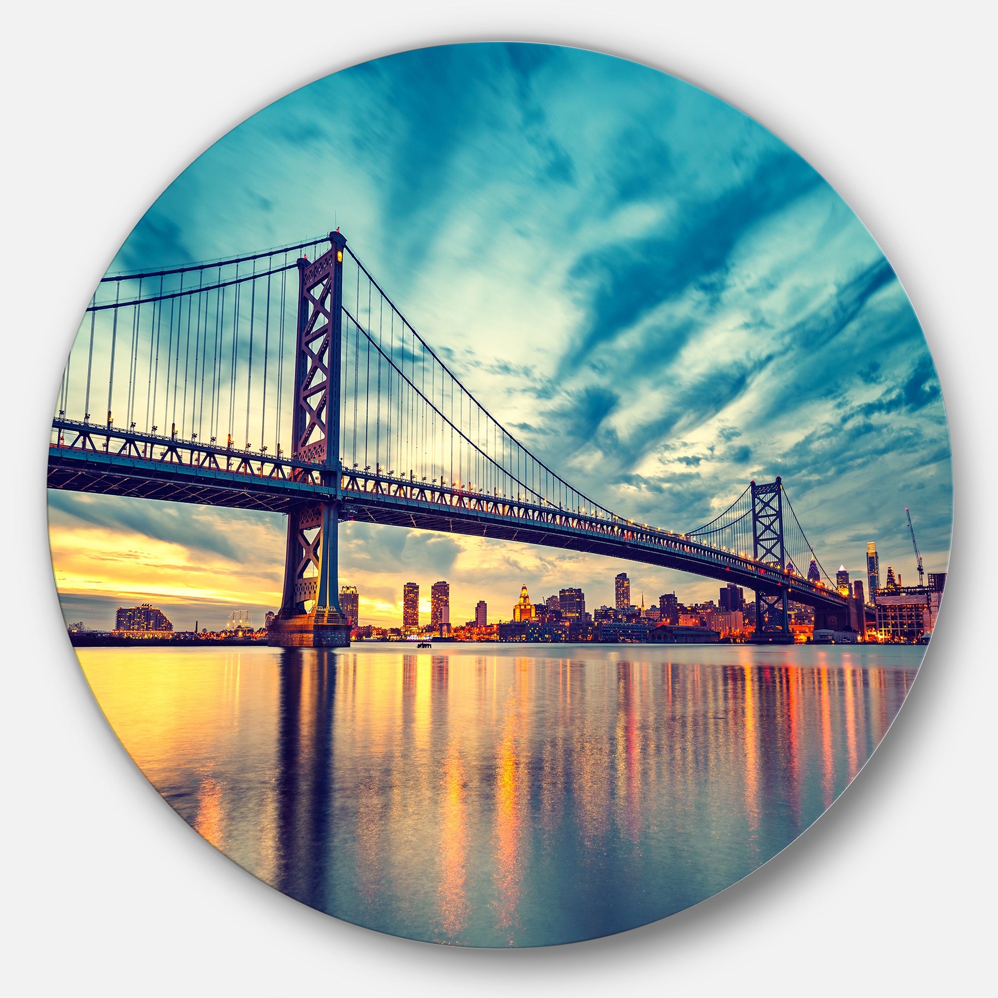 Ben Franklin Bridge in Philadelphia' Ultra Glossy Cityscape Metal Circle Wall Art