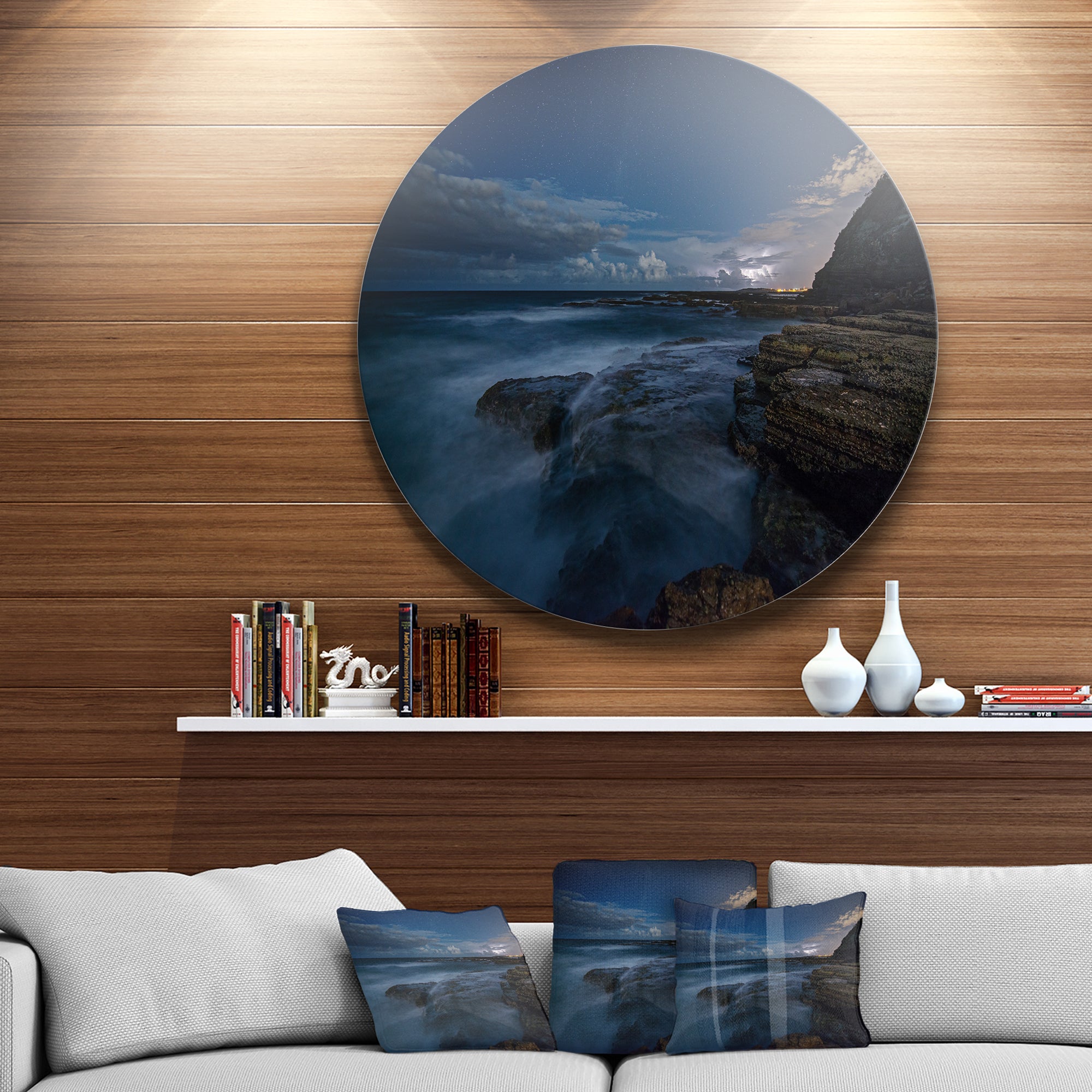 Rocky Blue Ocean at Nighttime' Large Seashore Metal Circle Wall Art