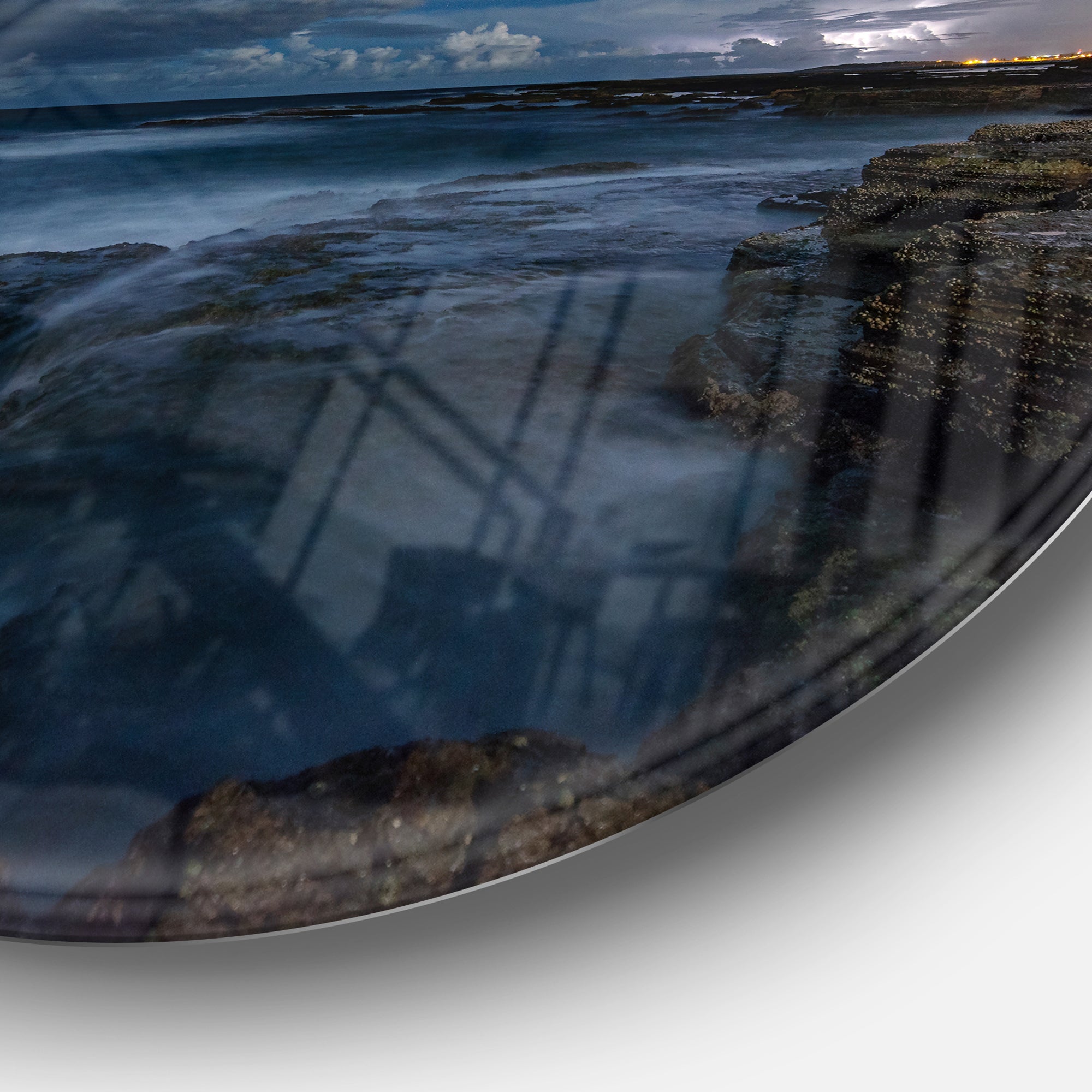 Rocky Blue Ocean at Nighttime' Large Seashore Metal Circle Wall Art