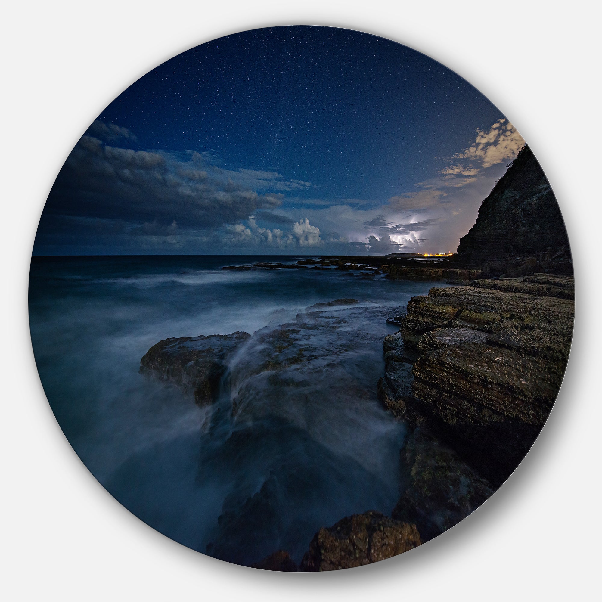 Rocky Blue Ocean at Nighttime' Large Seashore Metal Circle Wall Art
