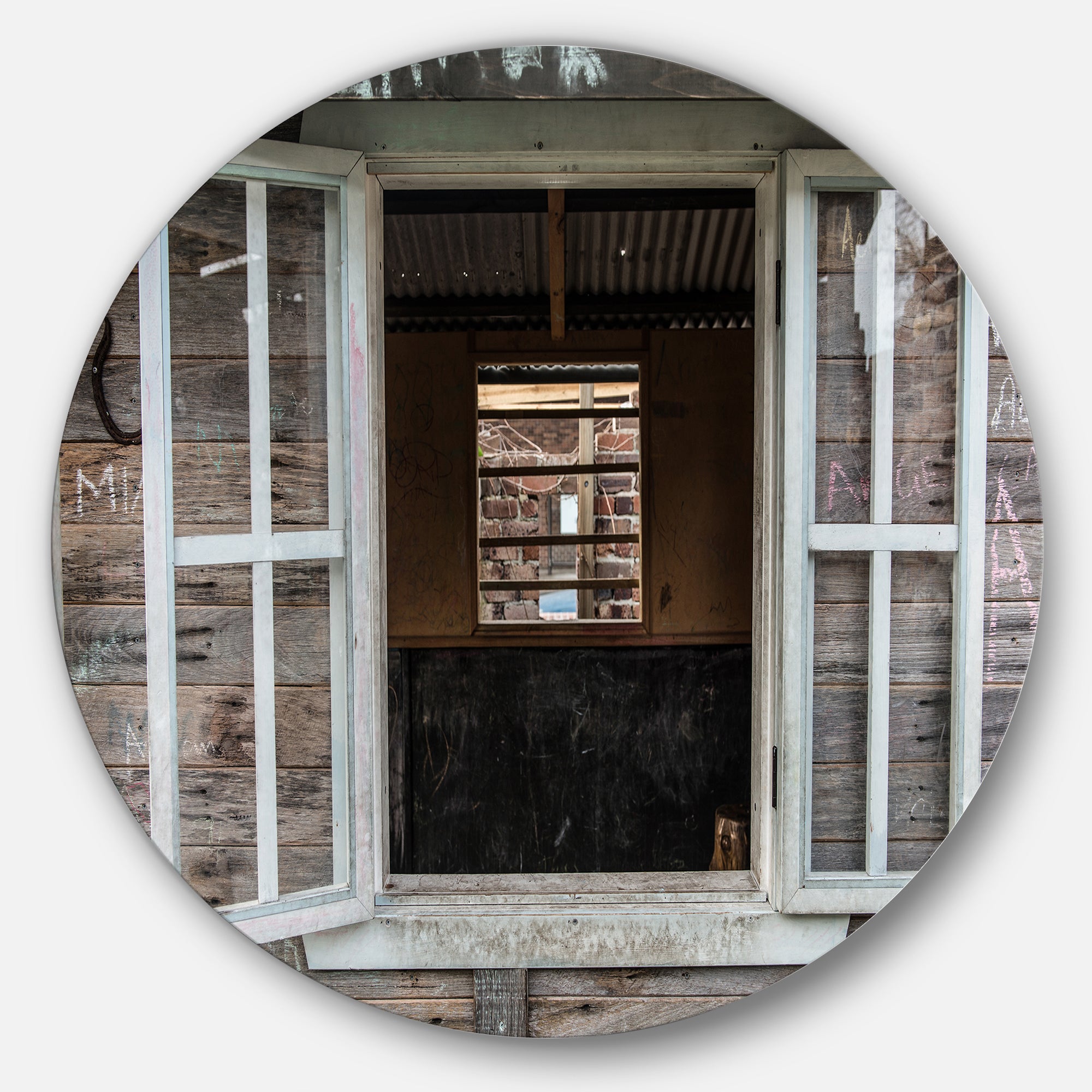 Wooden Walls and Windows' Landscape Metal Circle Wall Art