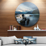 Large Rocks and Distant Cloudy Mountains' Landscape Metal Circle Wall Art