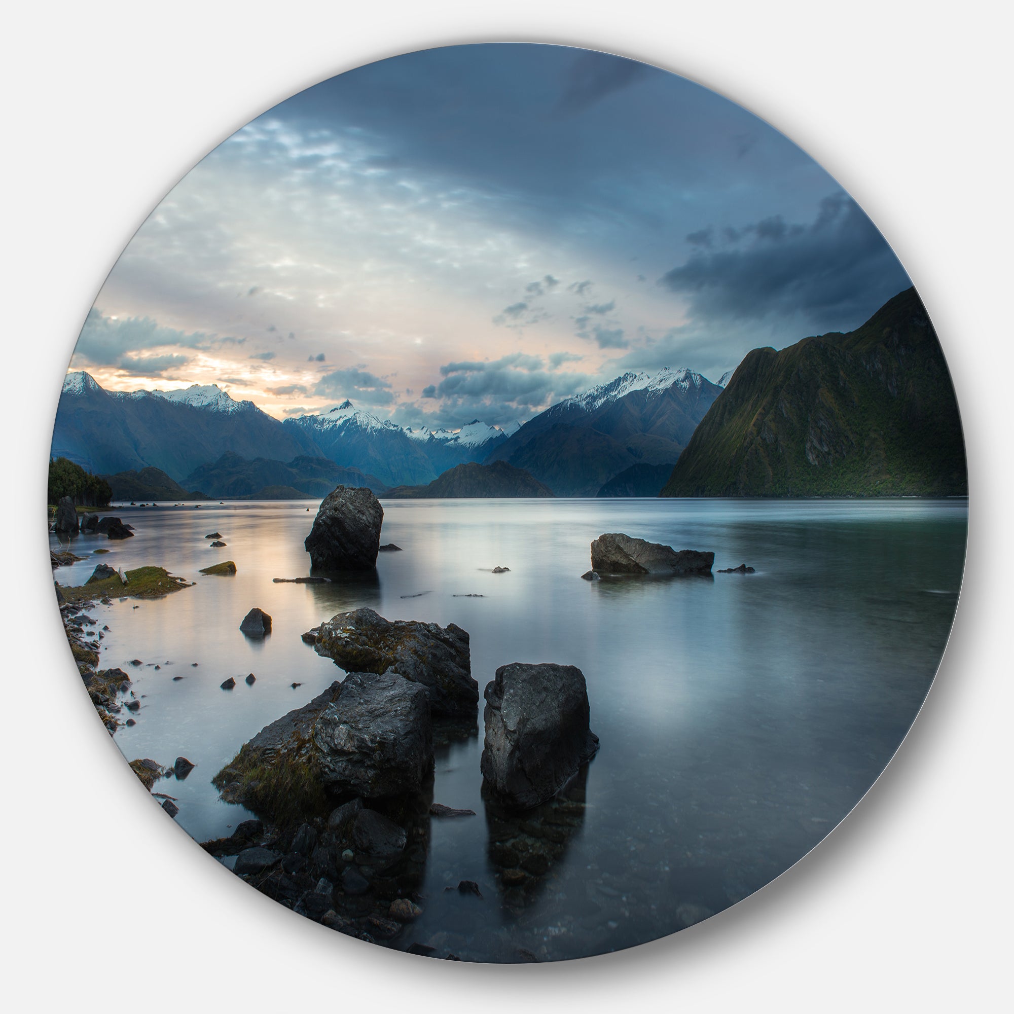 Large Rocks and Distant Cloudy Mountains' Landscape Metal Circle Wall Art