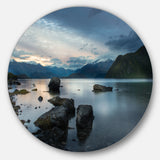 Large Rocks and Distant Cloudy Mountains' Landscape Metal Circle Wall Art