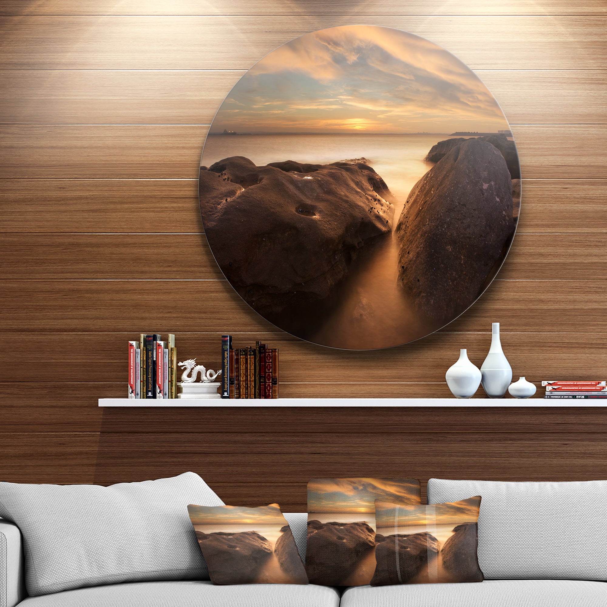 Large Rocks at La Perouse Bridge' Large Seashore Metal Circle Wall Art