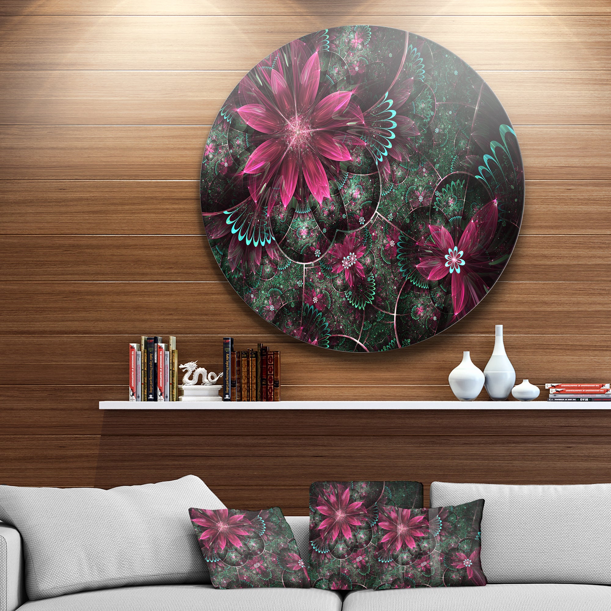 Glossy Green and Red Fractal Flowers' Large Floral Metal Circle Wall Art