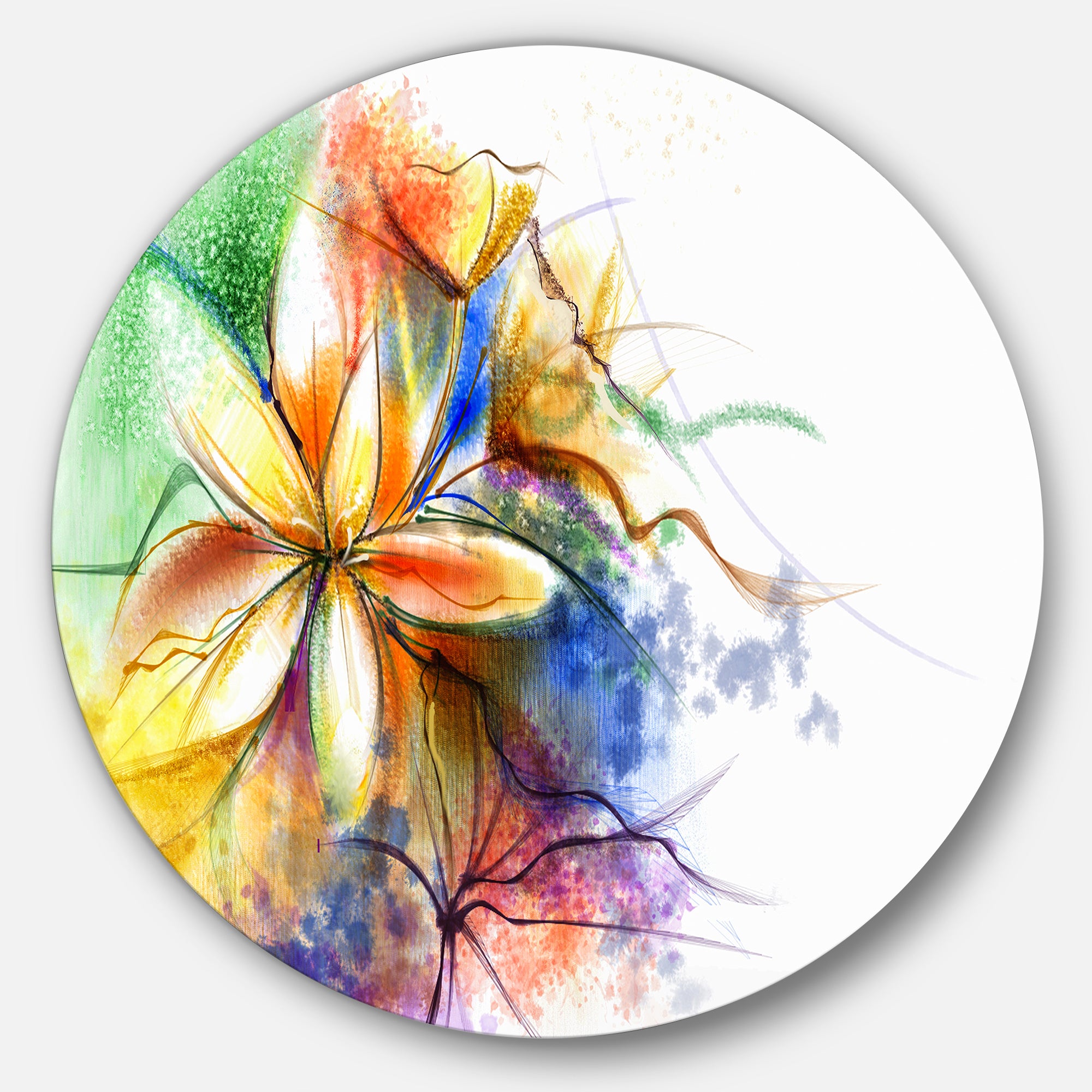 Abstract Multi color Flower Fusion' Large Flower Metal Circle Wall Art