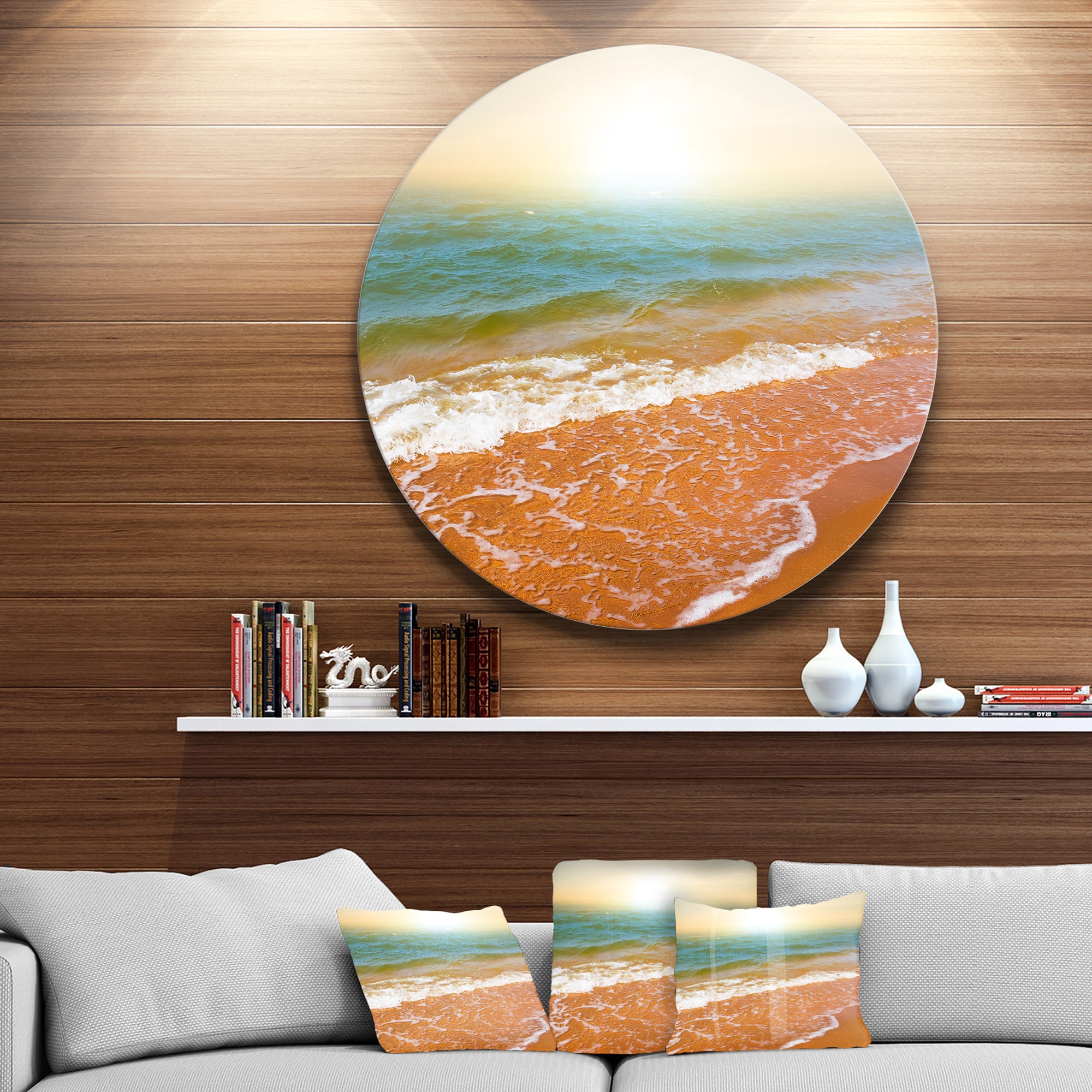 Clear Waters in Early Morning Beach' Large Seashore Metal Circle Wall Art