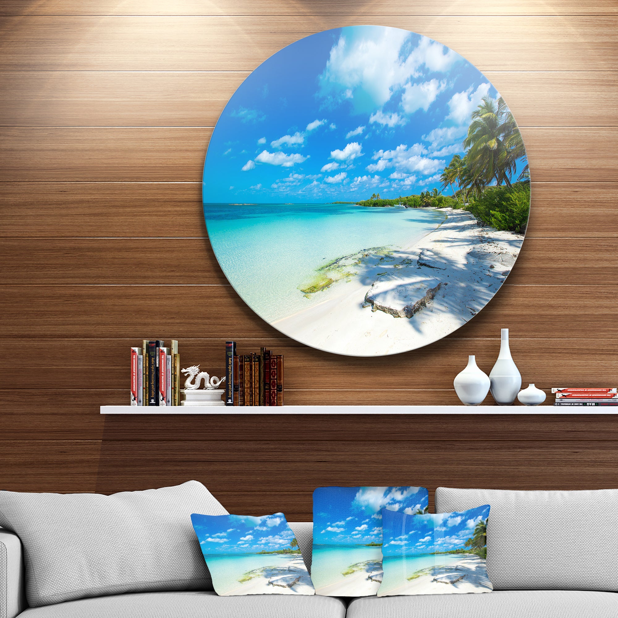 Tropical Beach with Palm Shadows' Large Seashore Metal Circle Wall Art