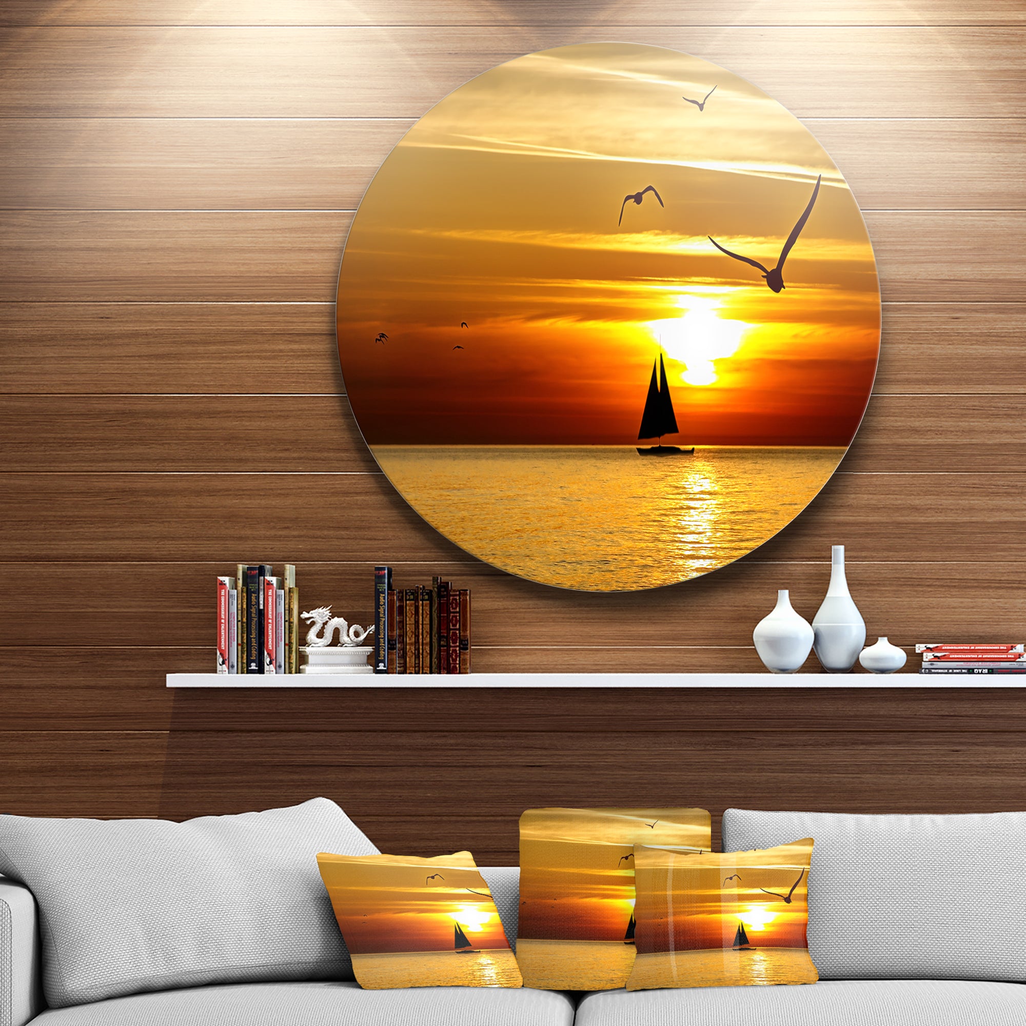 Bright Yellow Beach with Birds' Large Seashore Metal Circle Wall Art