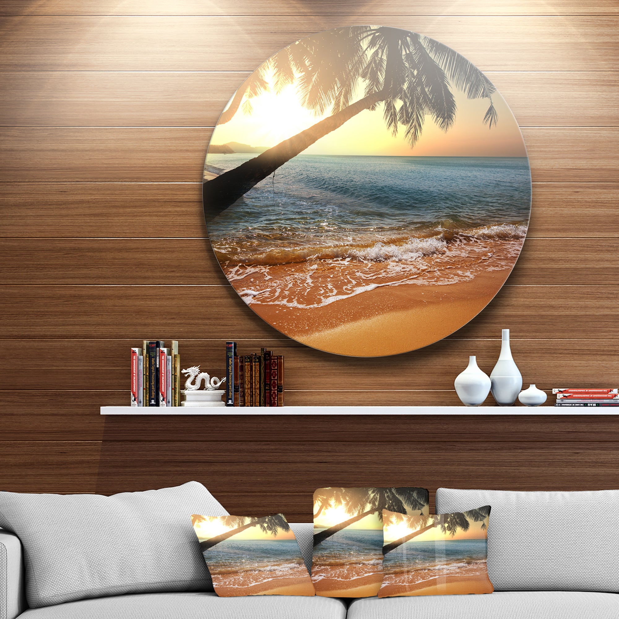 Beautiful Sunset on Tropical Beach' Large Seashore Metal Circle Wall Art