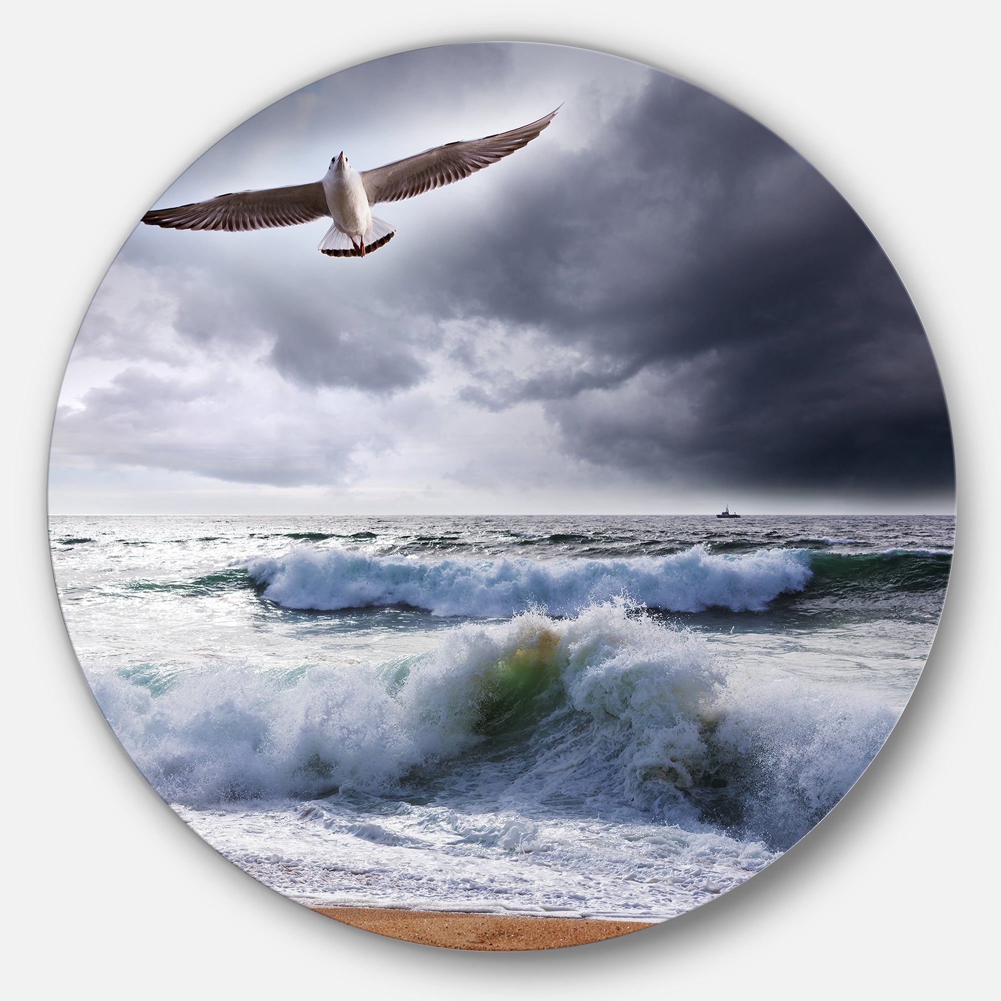 Large Seagull over Stormy Waves' Beach Metal Circle Wall Art