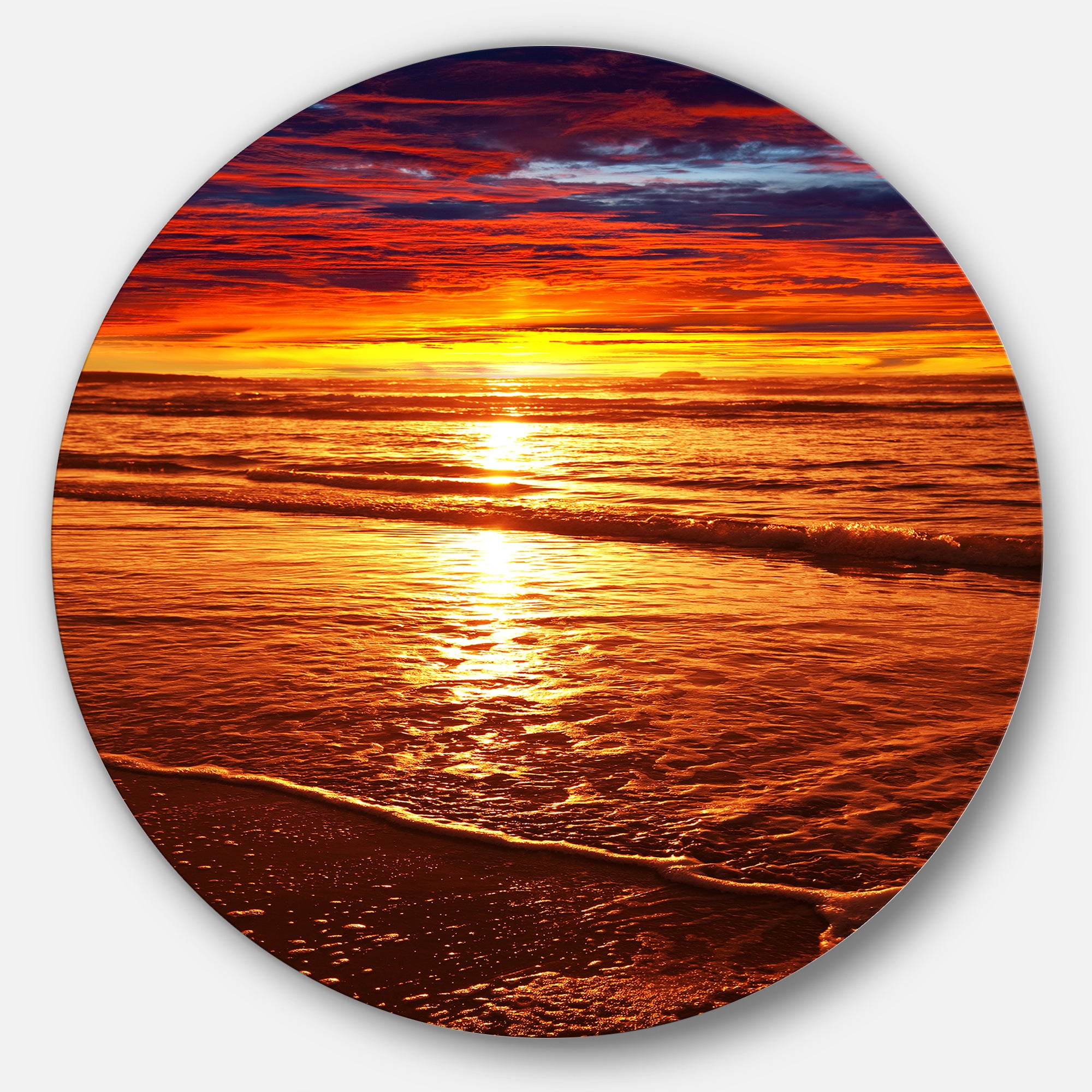 Colorful Sunset Mirrored in Waters' Beach Metal Circle Wall Art