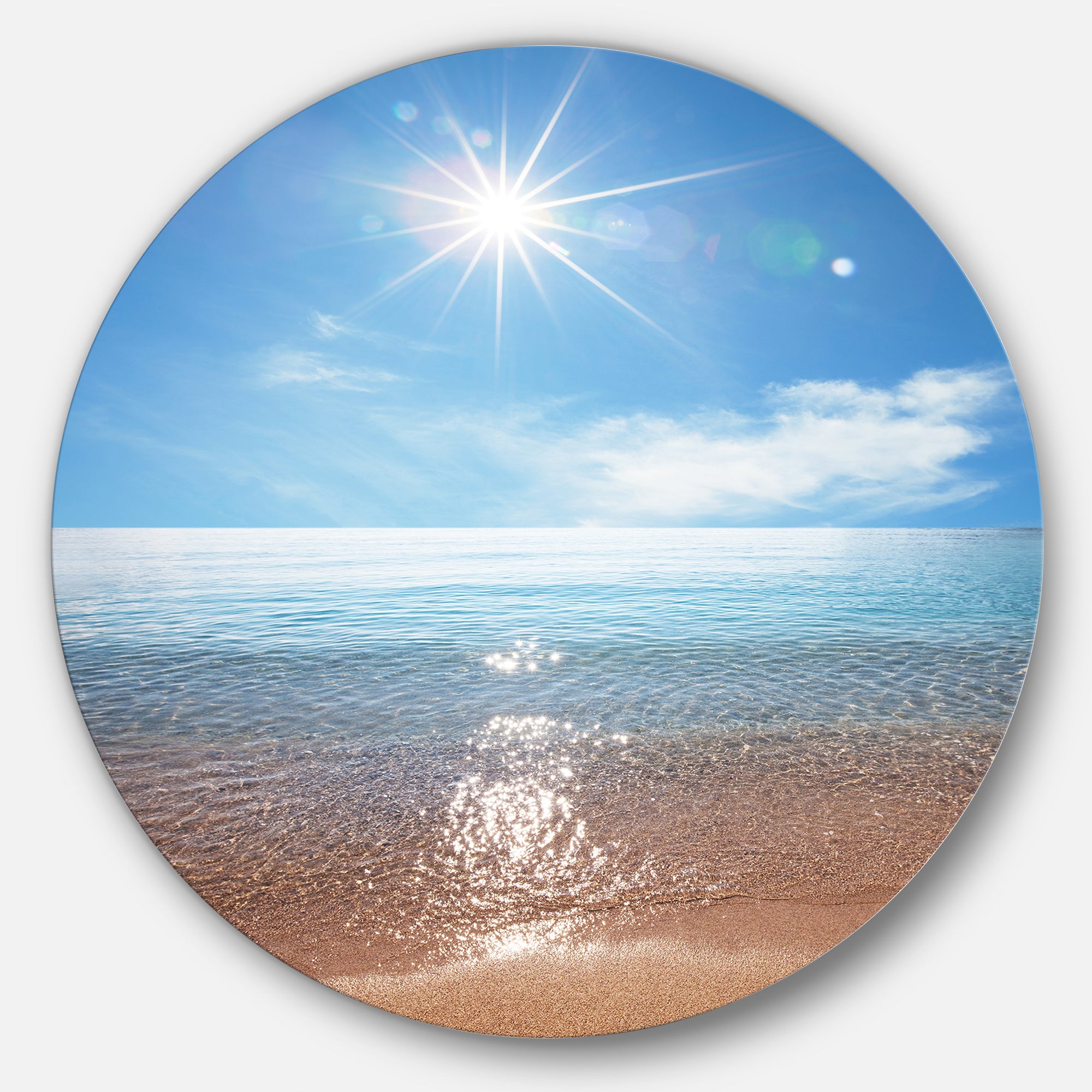 Serene Seascape with Bright Sun' Beach Metal Circle Wall Art