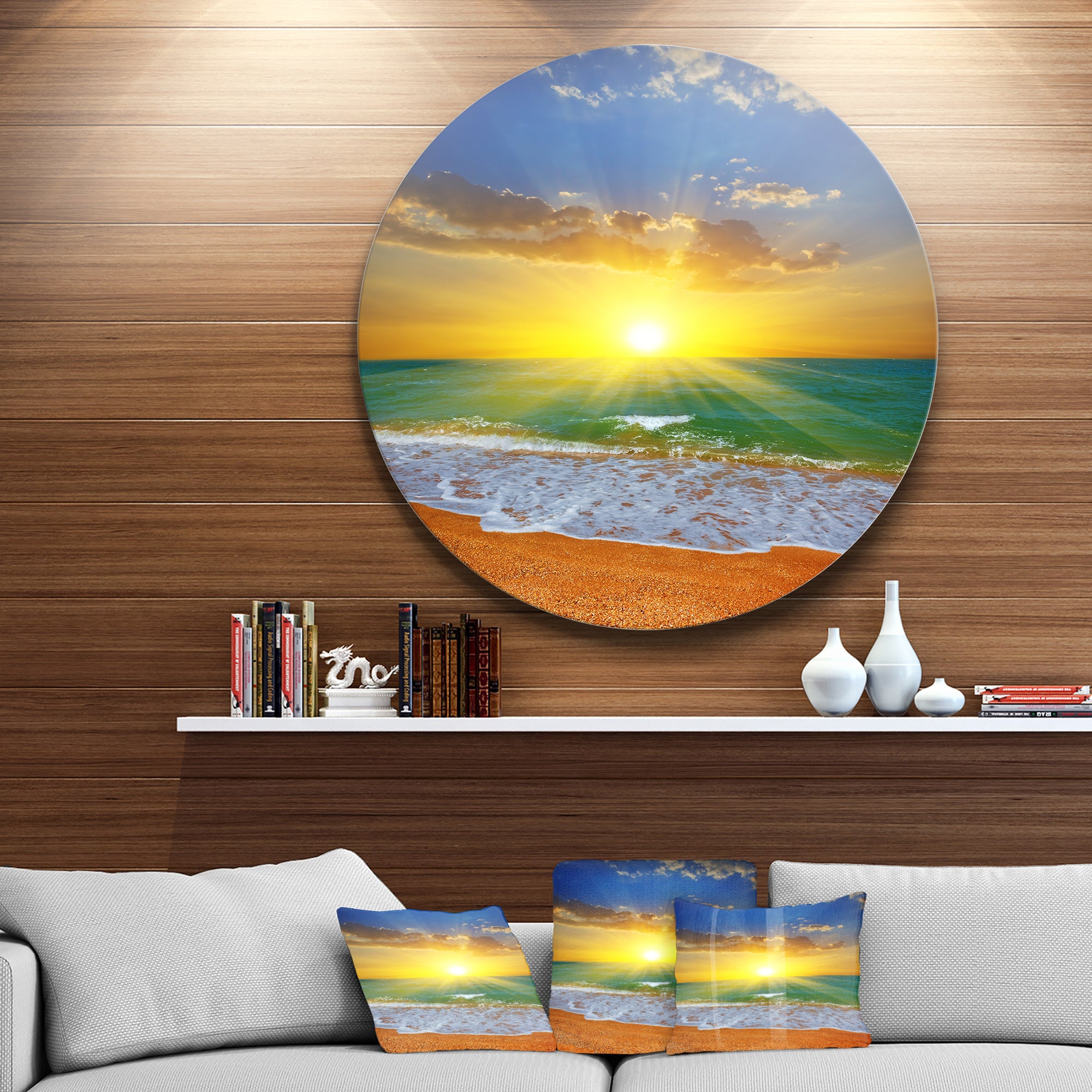 Dramatic Seashore Sky in Yellow' Beach Metal Circle Wall Art