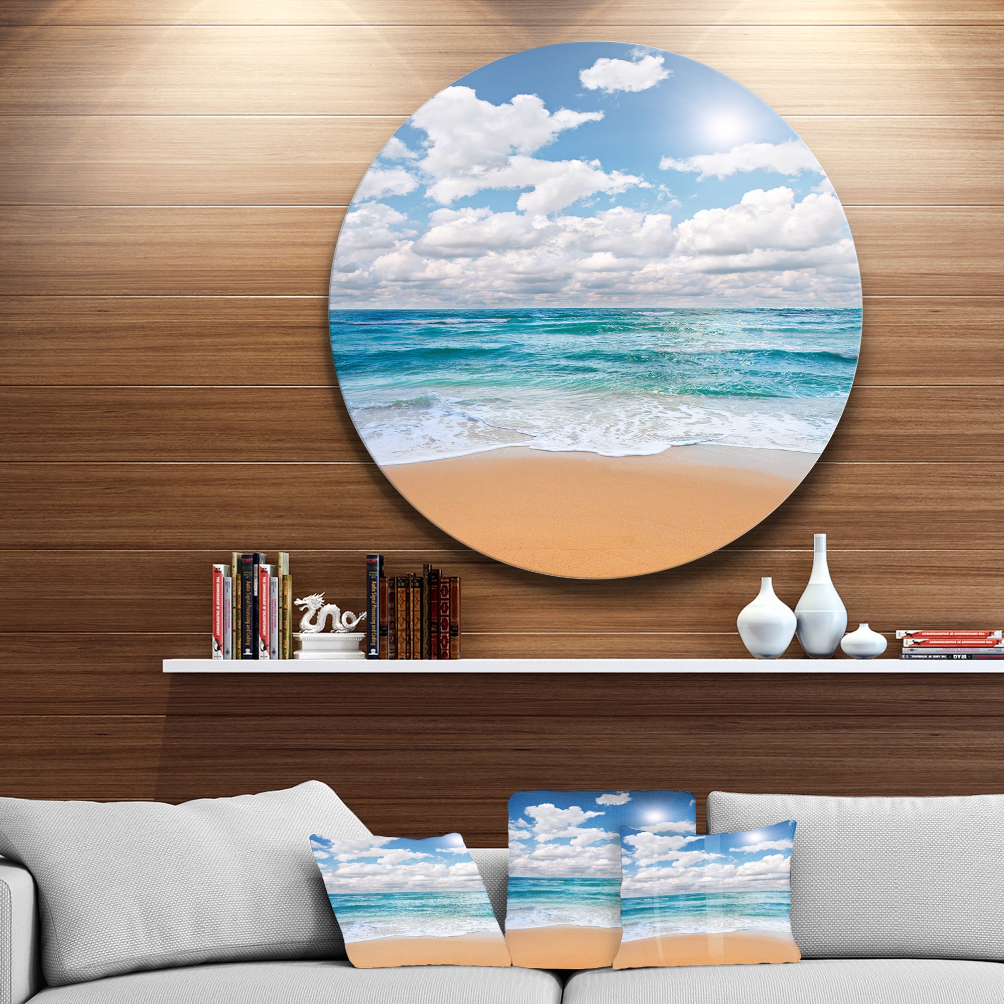 Peaceful Seashore under White Clouds' Beach Metal Circle Wall Art