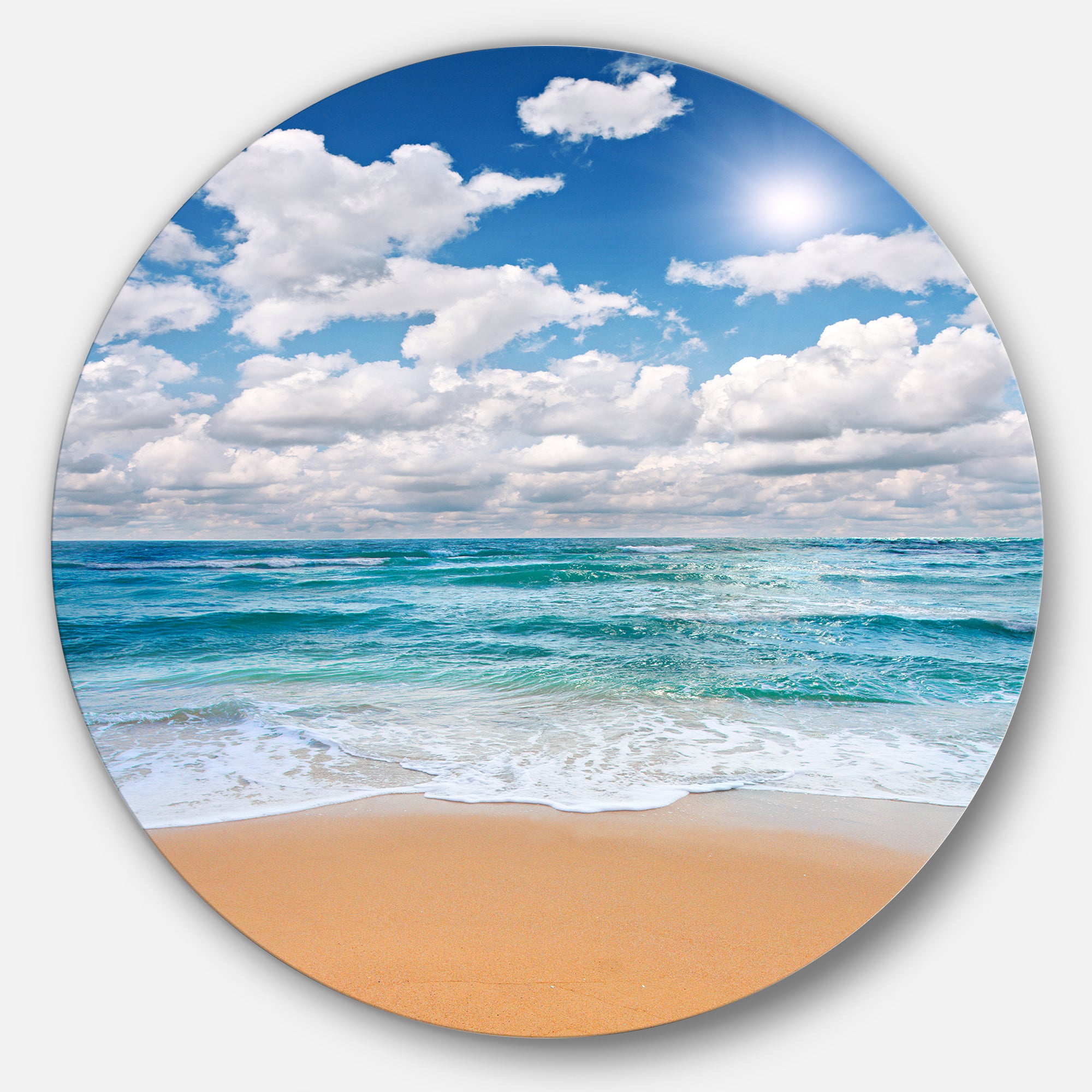 Peaceful Seashore under White Clouds' Beach Metal Circle Wall Art