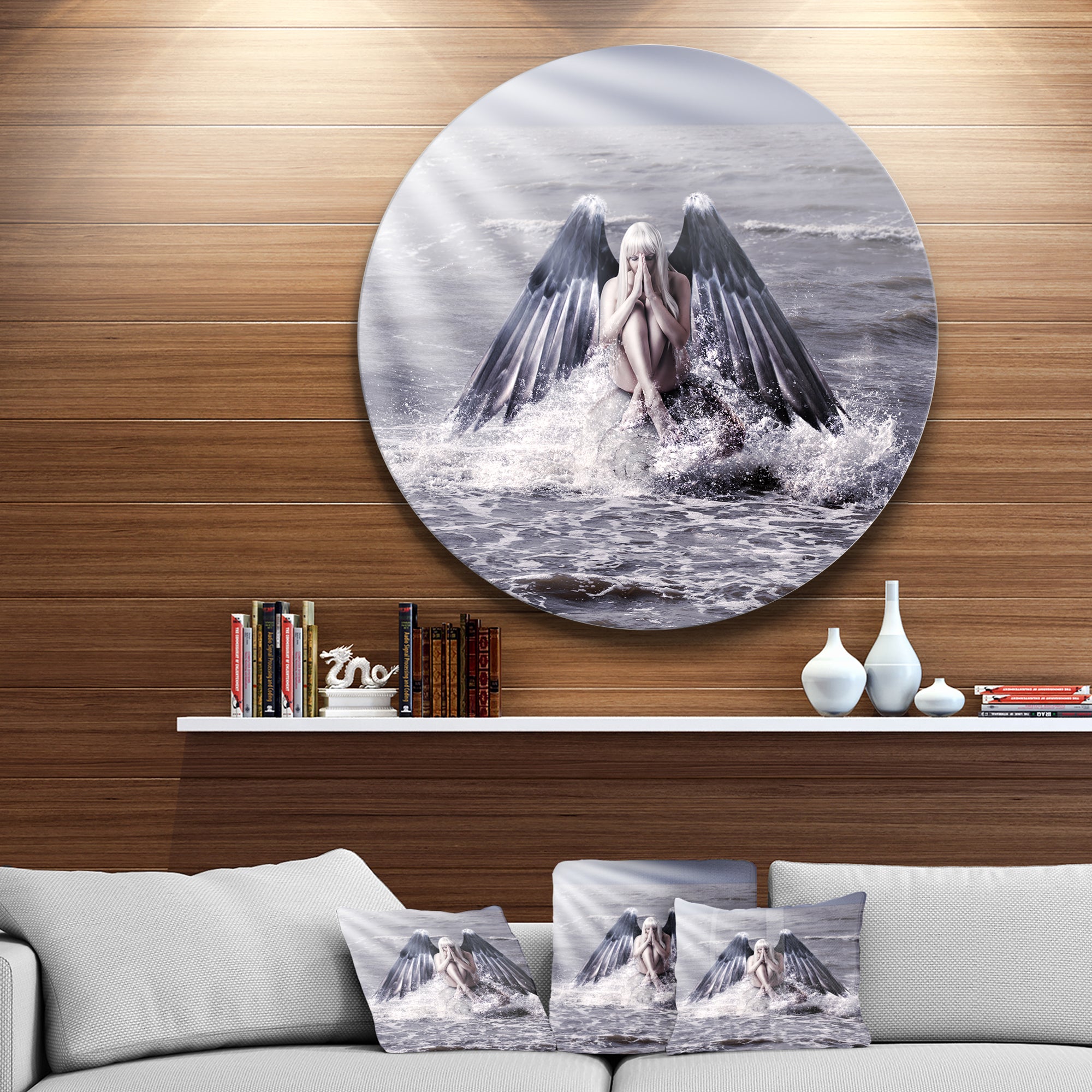 Woman with Dark Angel Wings' Beach Metal Circle Wall Art