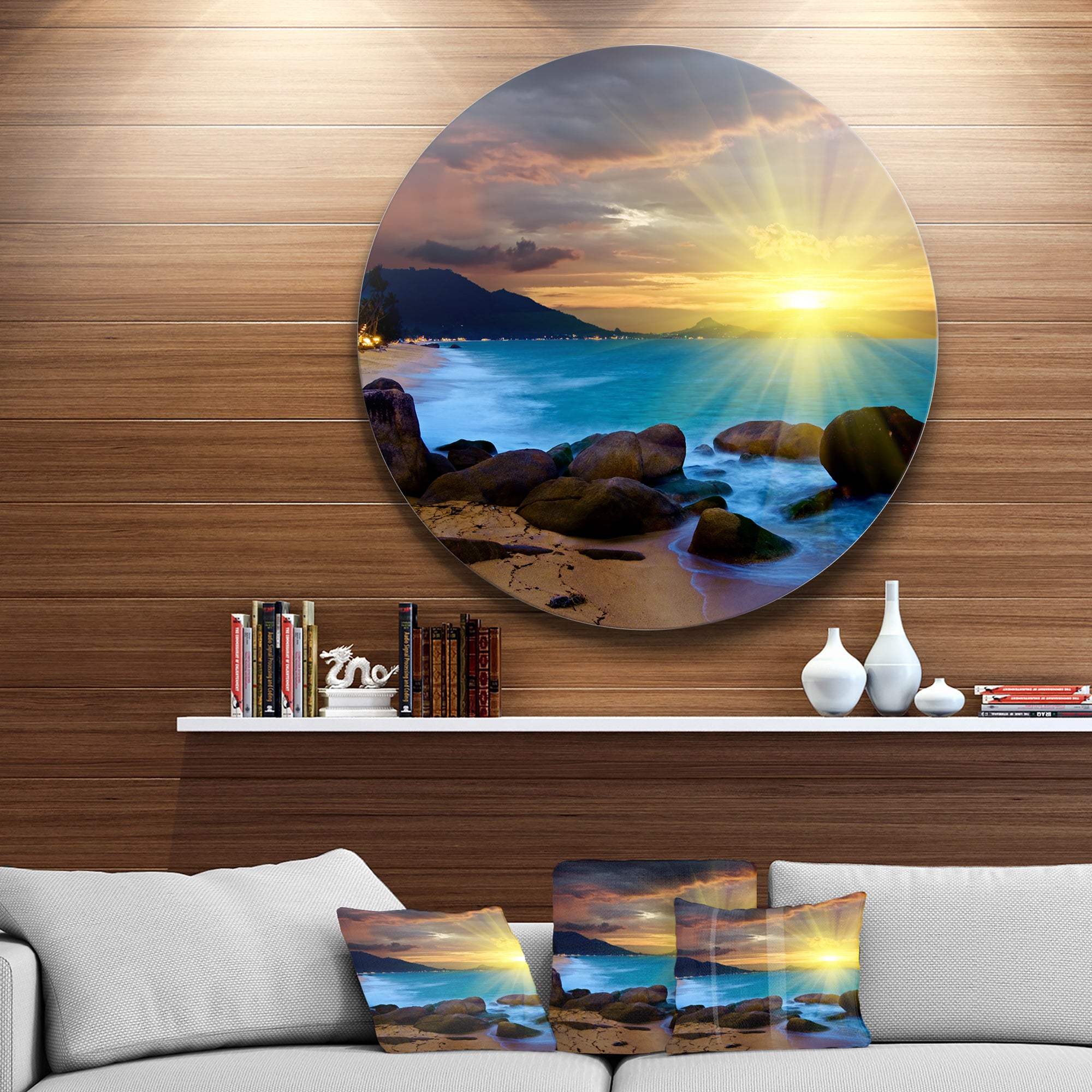 Bright Yellow Sun over Blue Waters' Beach Metal Circle Wall Art