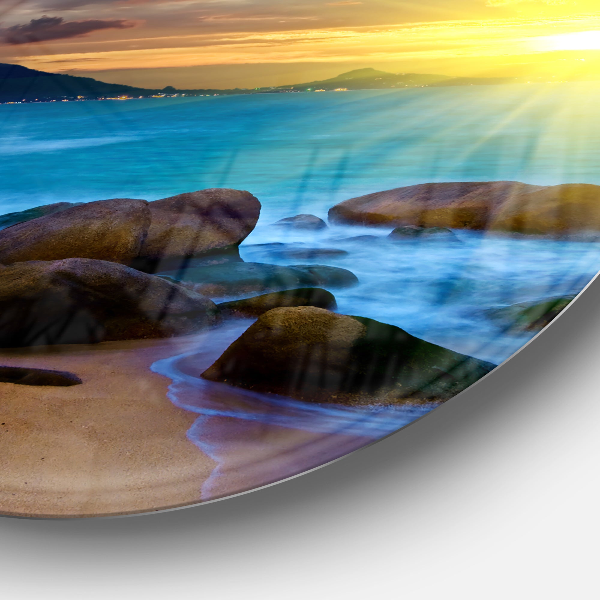 Bright Yellow Sun over Blue Waters' Beach Metal Circle Wall Art