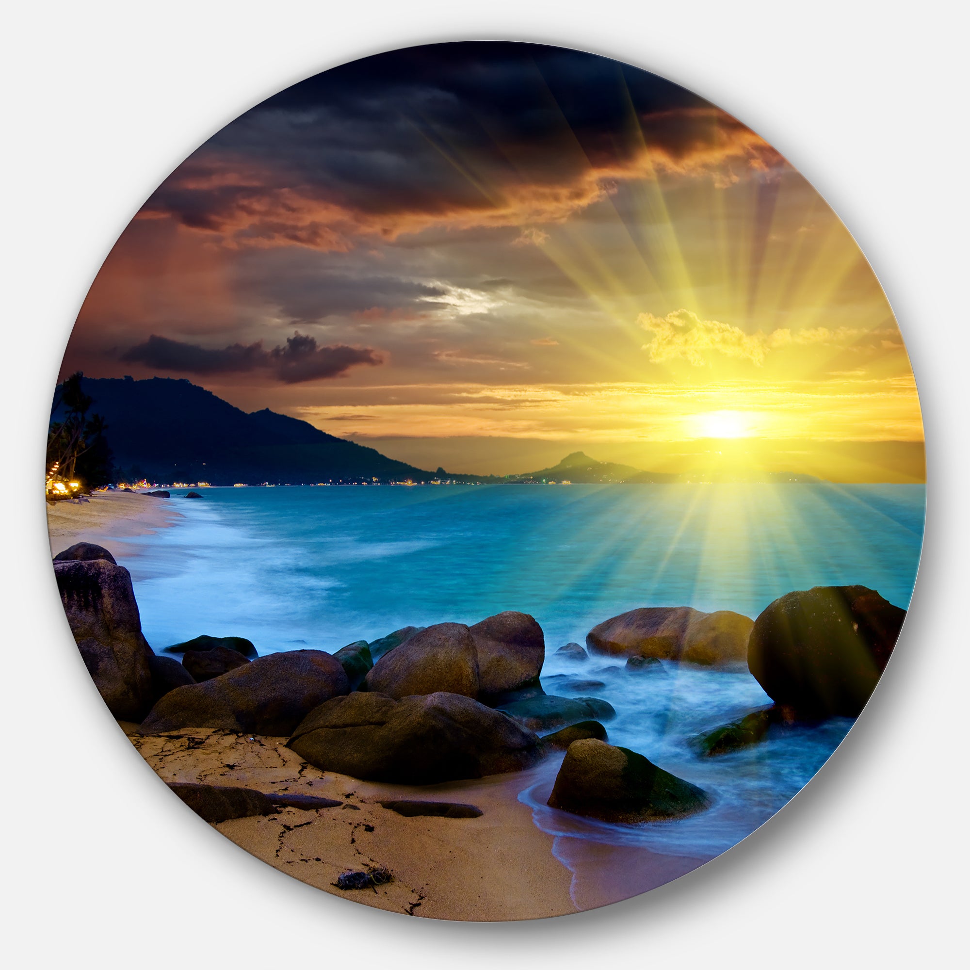 Bright Yellow Sun over Blue Waters' Beach Metal Circle Wall Art