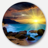 Bright Yellow Sun over Blue Waters' Beach Metal Circle Wall Art