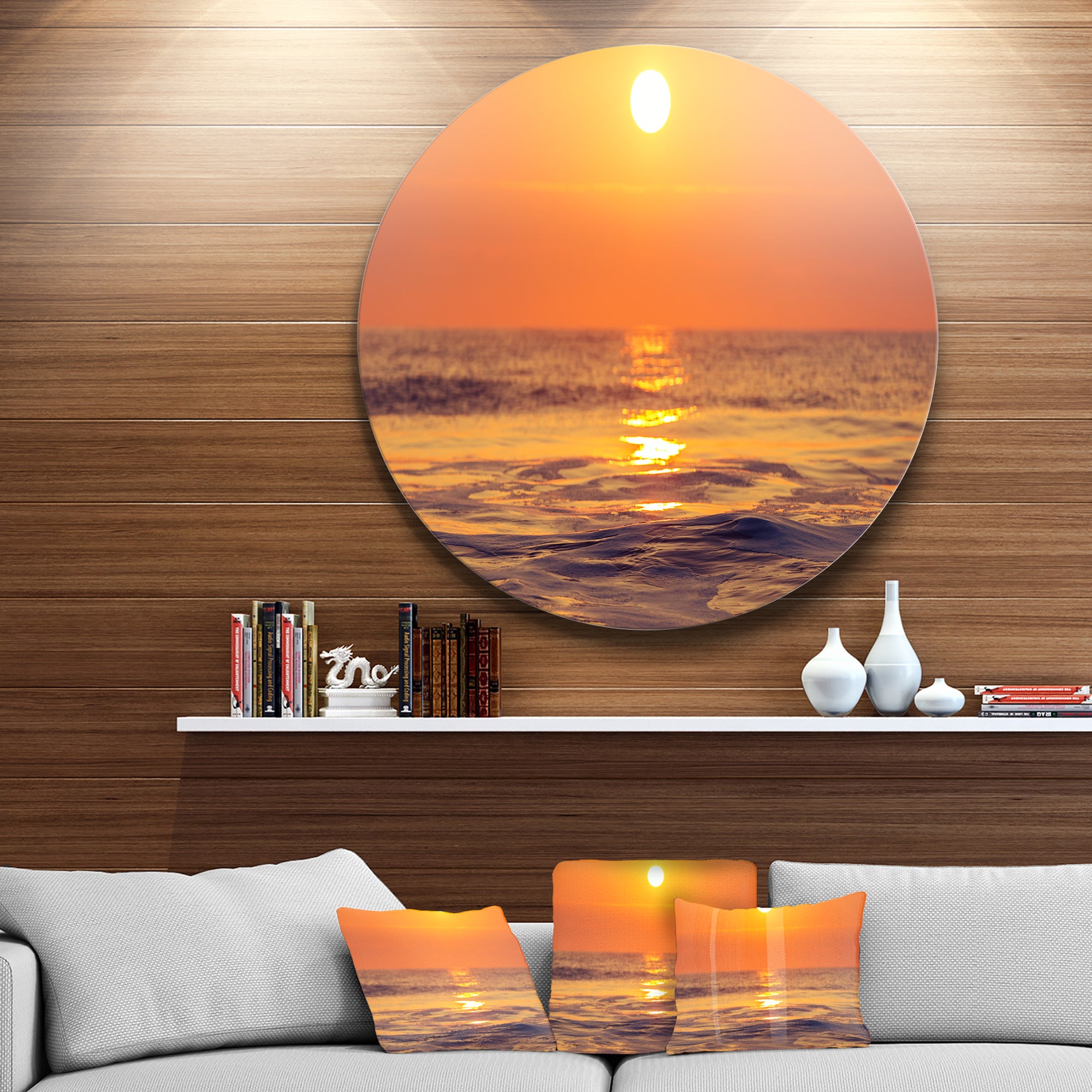 Orange Sunrise and Glittering Waters' Seascape Metal Circle Wall Art