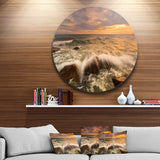 Rushing Ocean Waves into Rocks' Seascape Metal Circle Wall Art